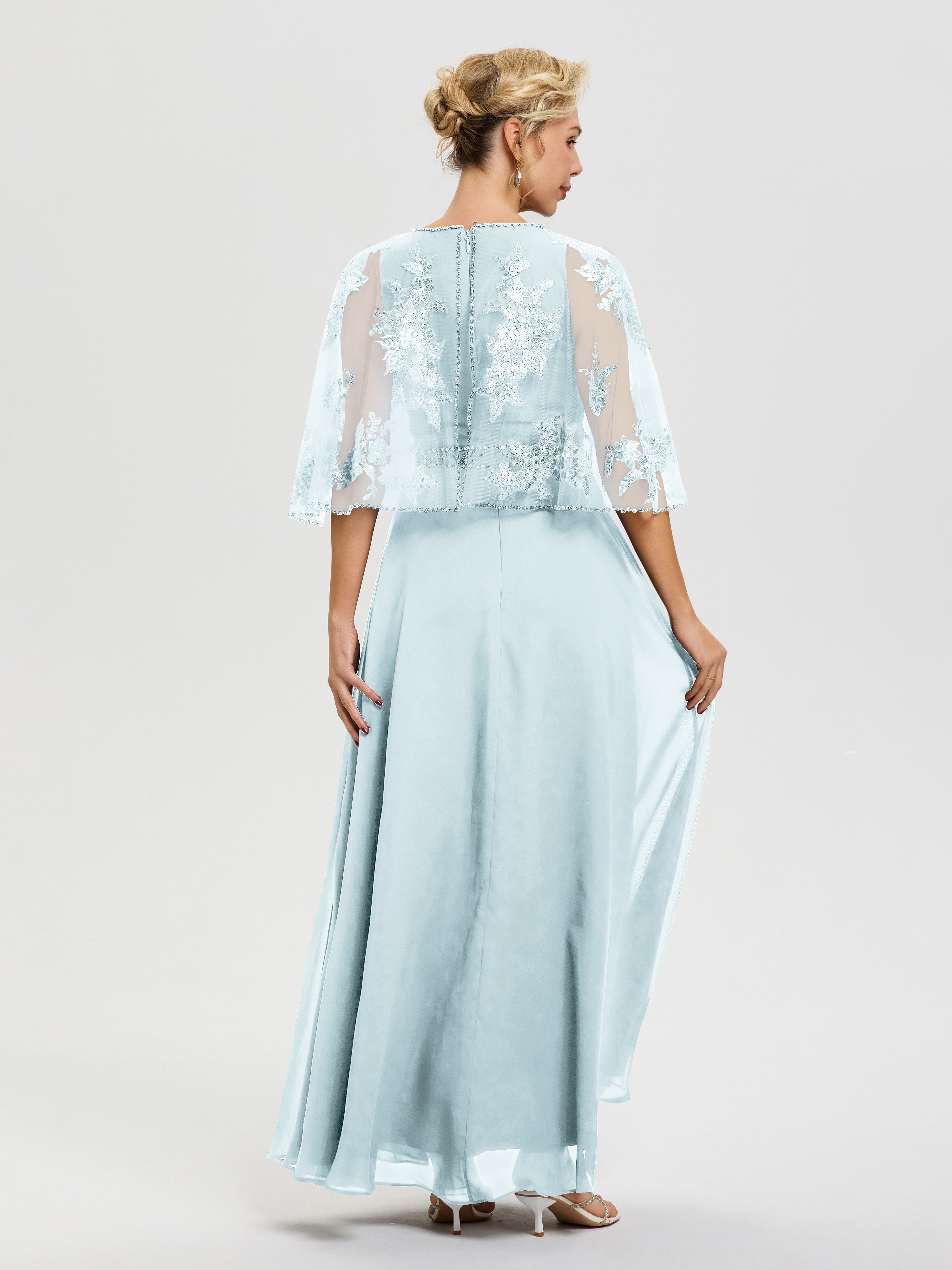Robe De Mère De La Mariée Brume Mousseline-Dentelle-Col-Rond-Robe-De-Ceremonie-Mere-De-La-Mariee