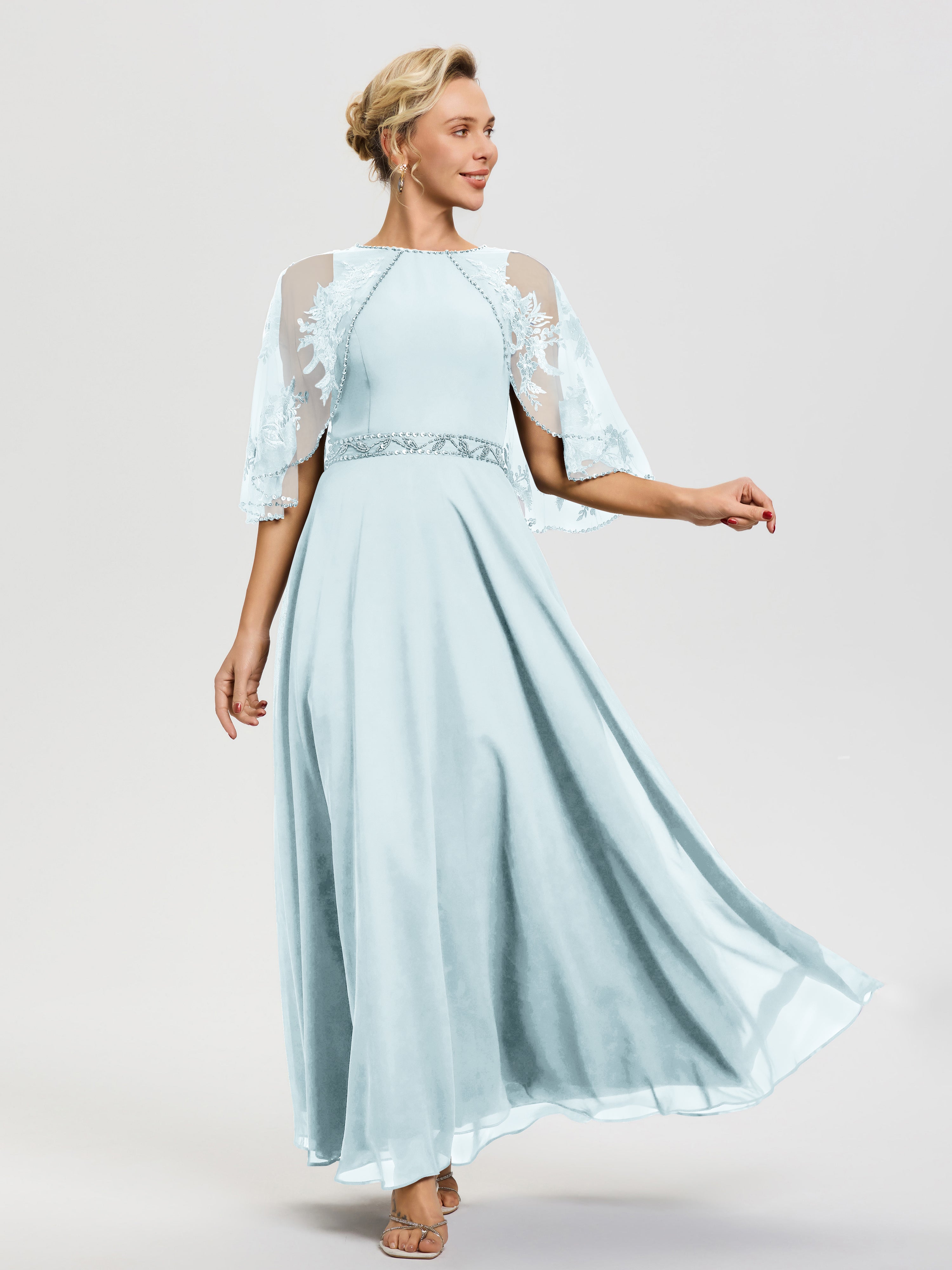 Robe De Mère De La Mariée Brume Mousseline-Dentelle-Col-Rond-Robe-De-Ceremonie-Mere-De-La-Mariee
