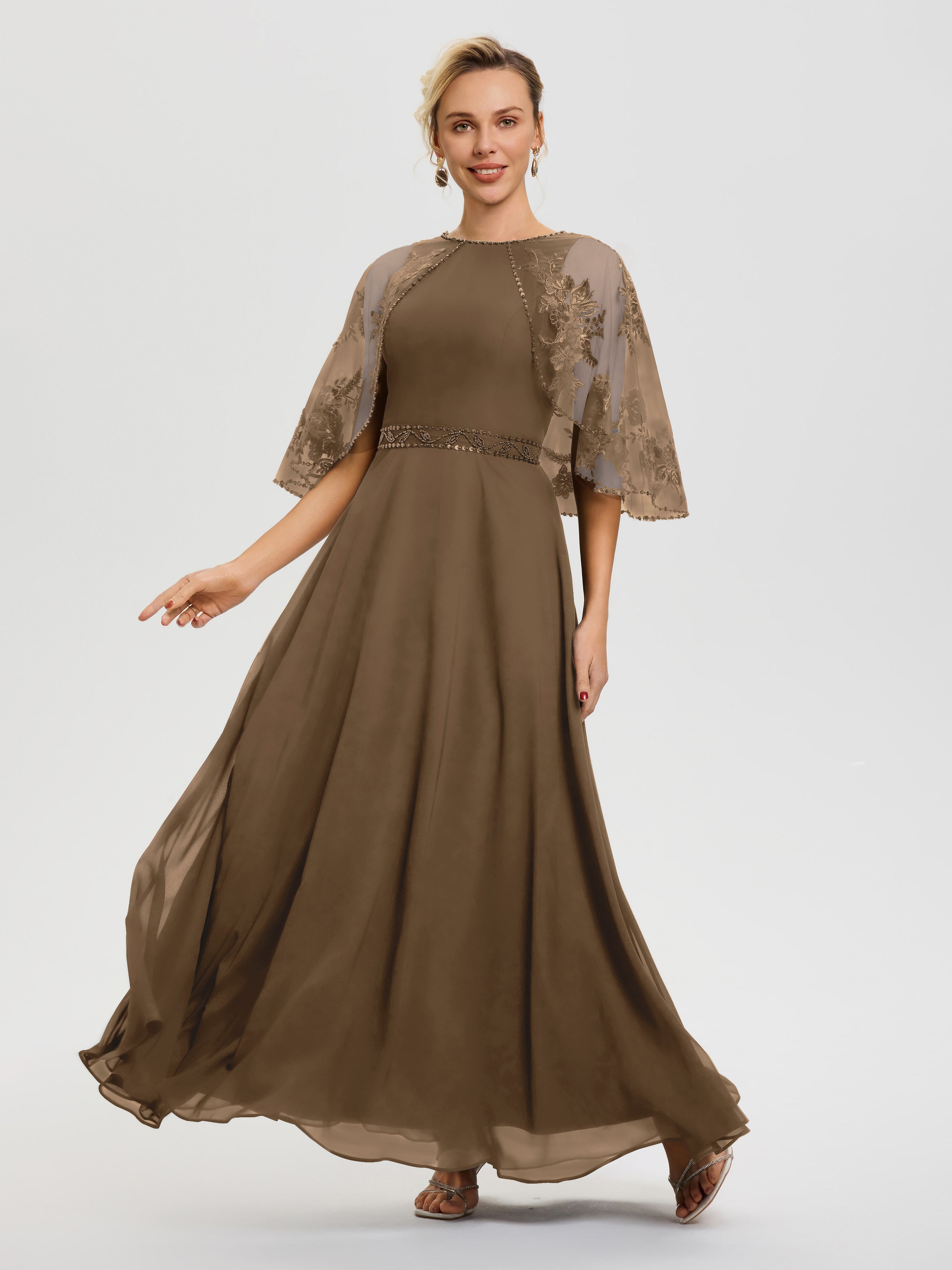 Robe De Mère De La Mariée Moka Mousseline & Dentelle Col Rond Robe De Cérémonie Mère De La Mariée