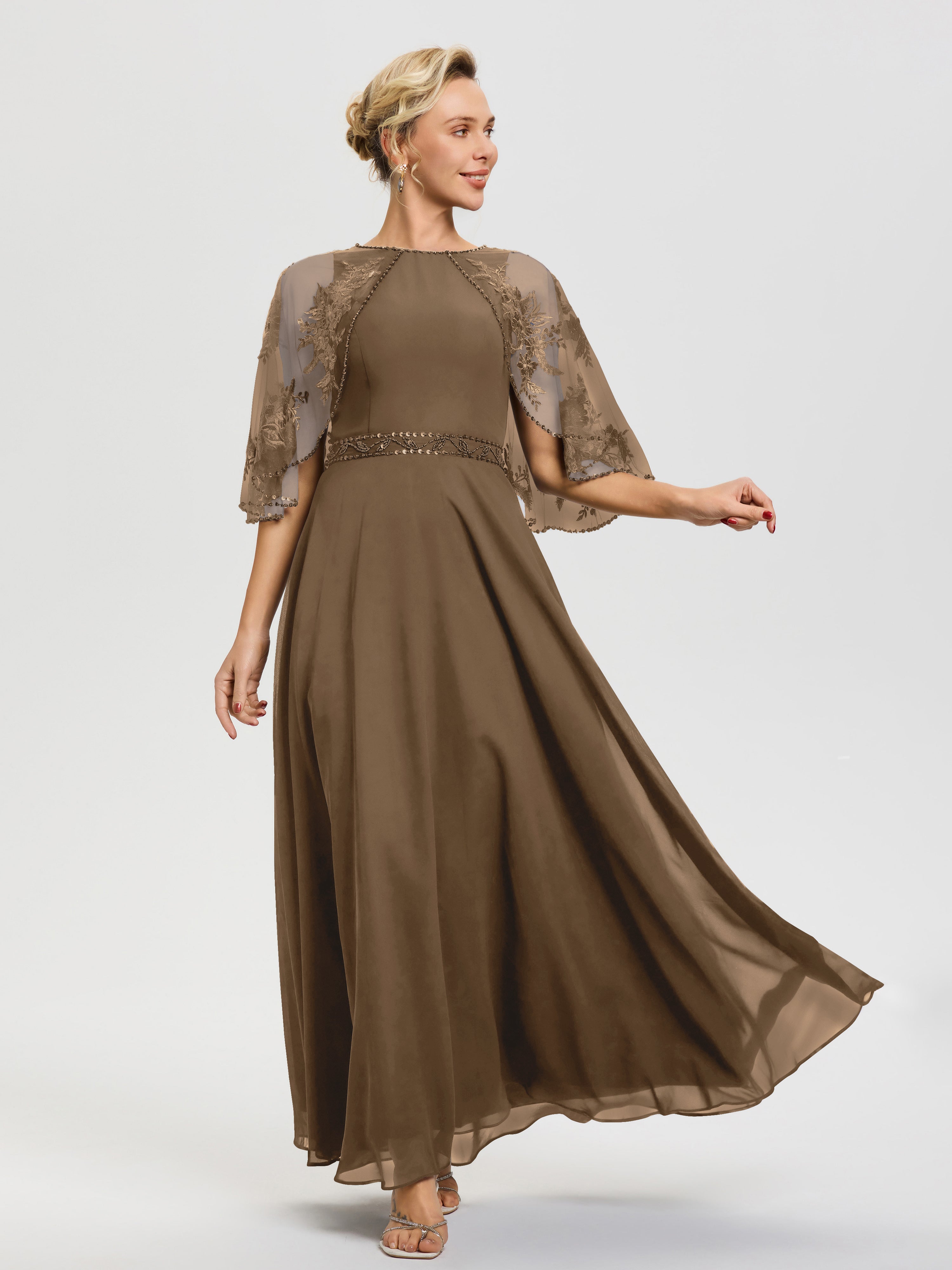 Robe De Mère De La Mariée Moka Mousseline & Dentelle Col Rond Robe De Cérémonie Mère De La Mariée