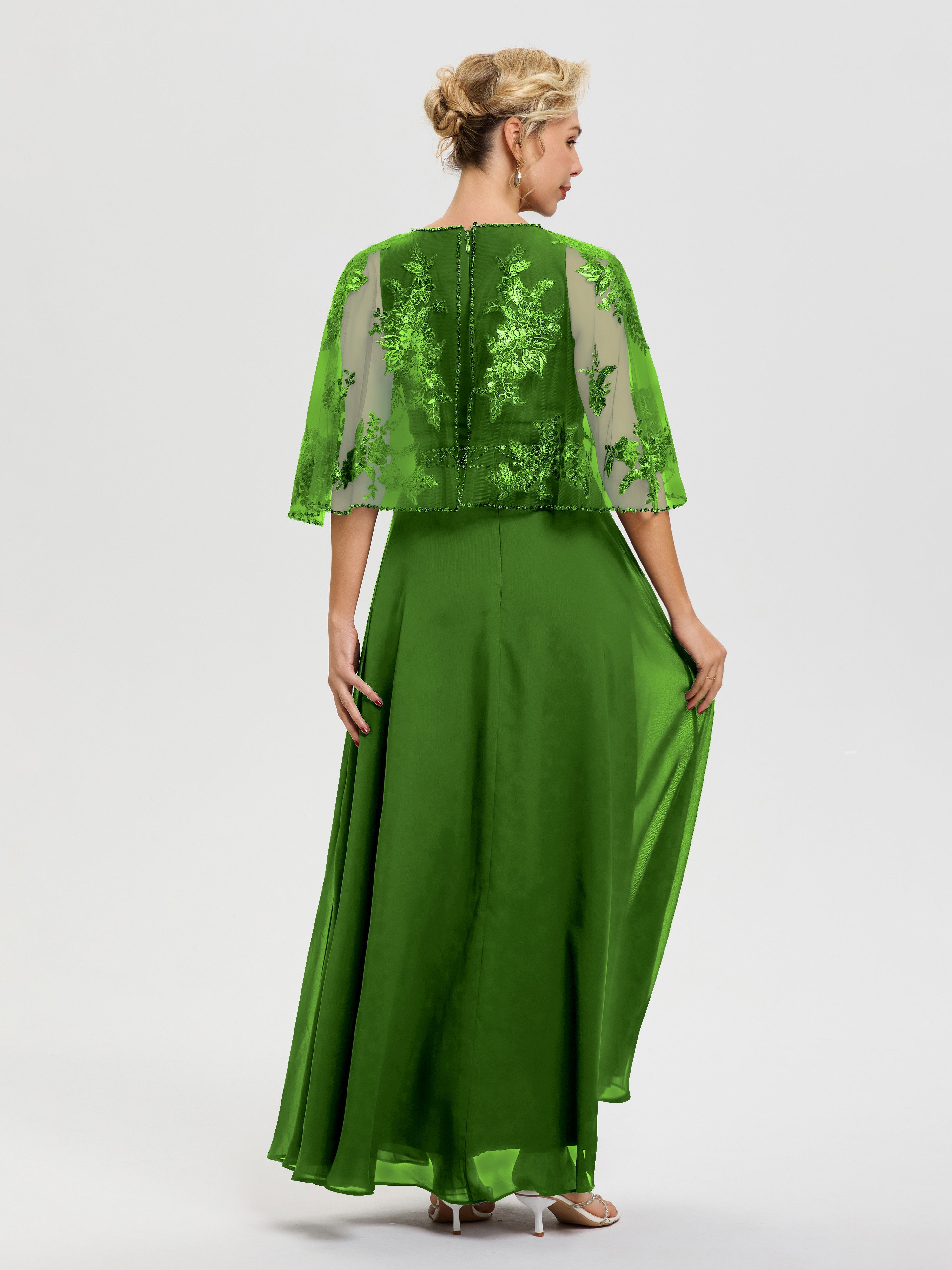 Robe De Mère De La Mariée Mousse Mousseline & Dentelle Col Rond Robe De Cérémonie Mère De La Mariée