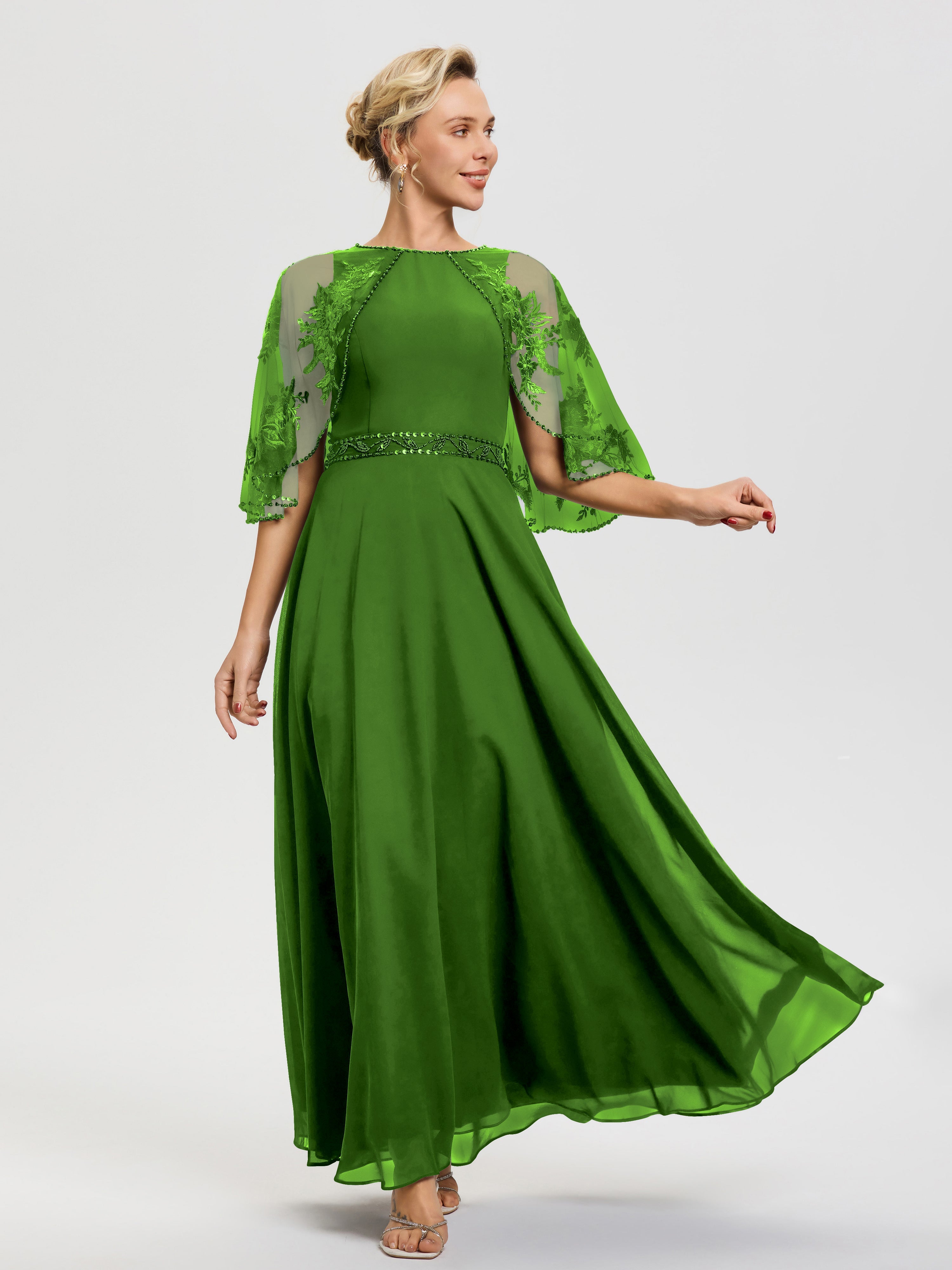 Robe De Mère De La Mariée Mousse Mousseline & Dentelle Col Rond Robe De Cérémonie Mère De La Mariée