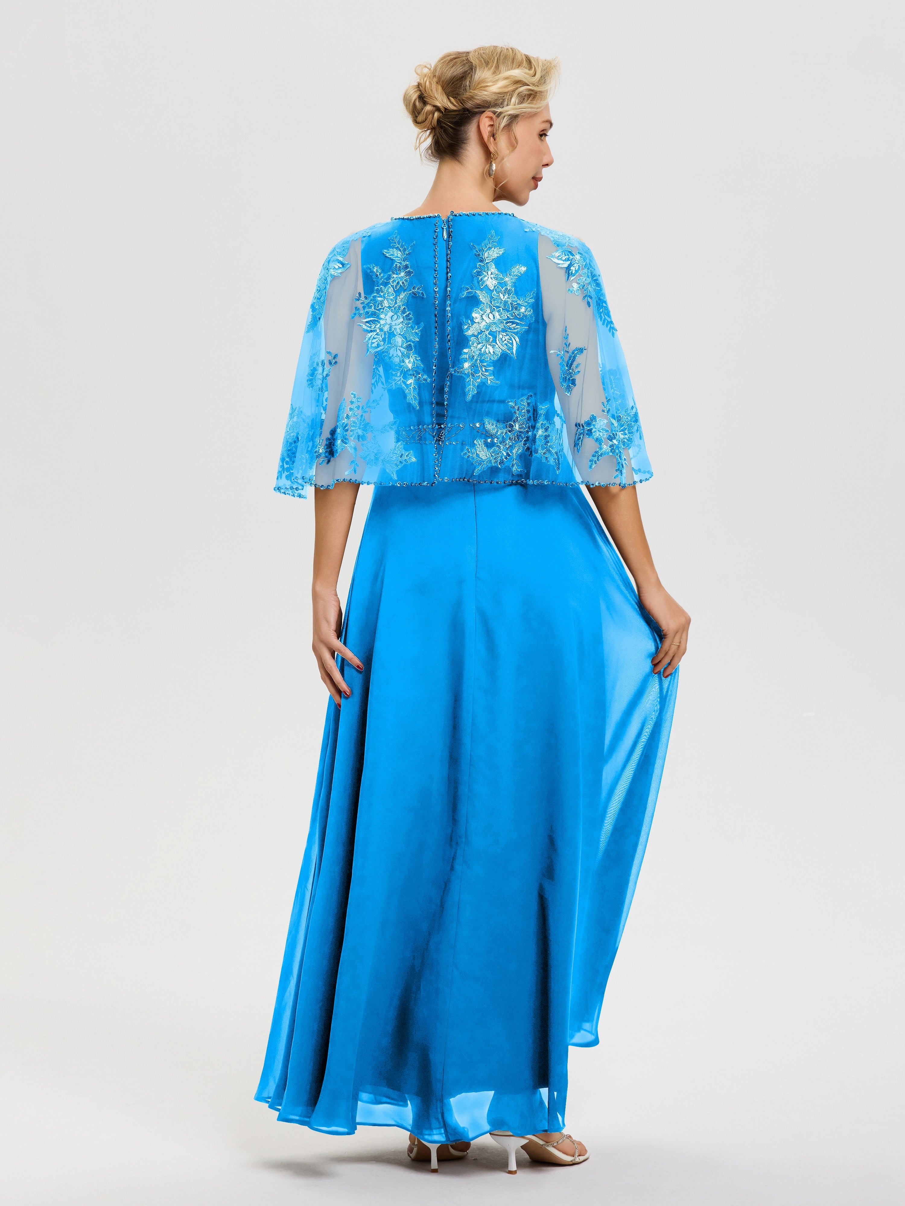 Robe Mère Du Marié Bleu Océan Mousseline & Dentelle Col Rond Robe De Cérémonie Mère De La Mariée