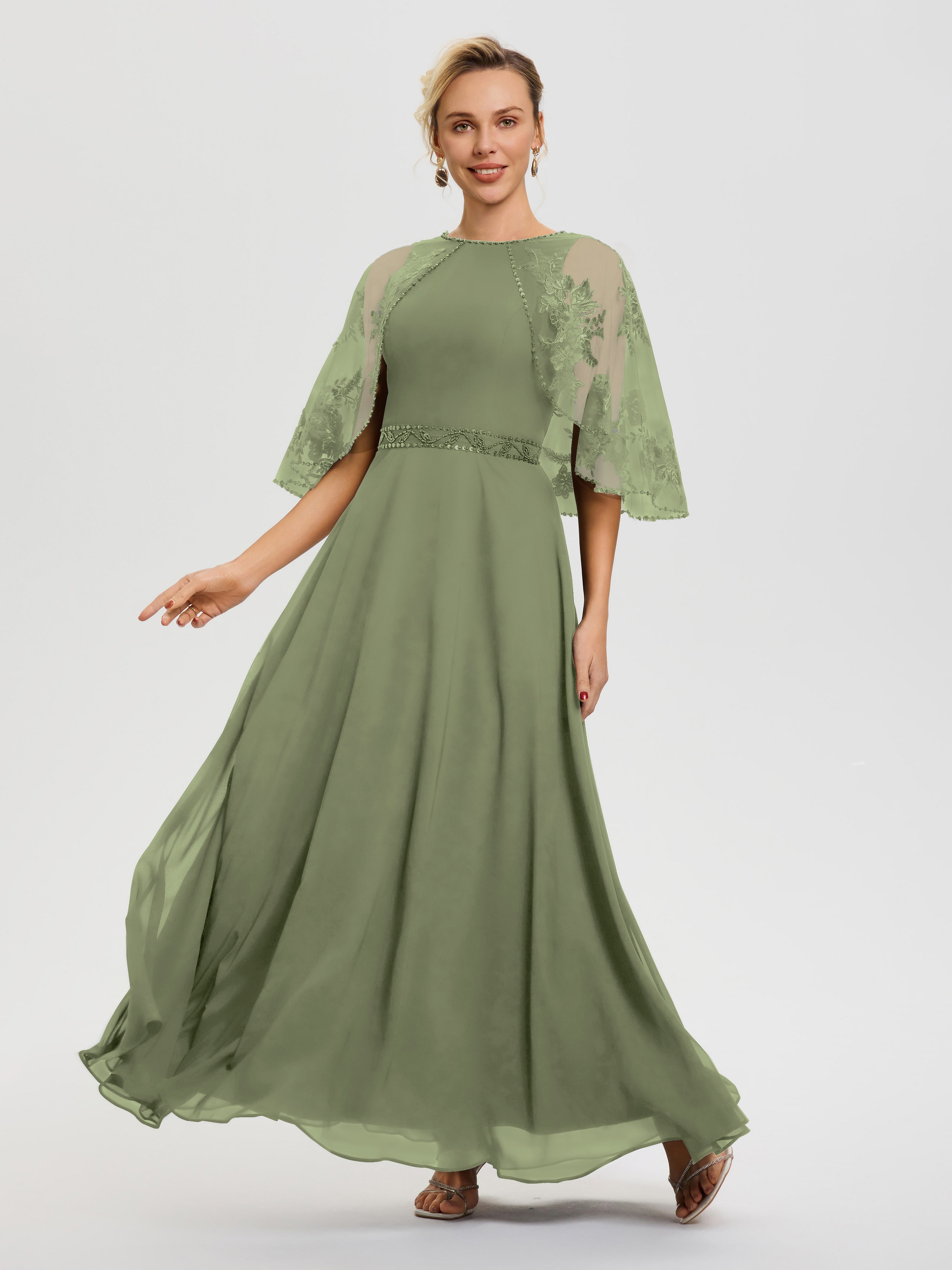Robes Mères De La Mariée Vert Olive Mousseline & Dentelle Col Rond Robe De Cérémonie Mère De La Mariée