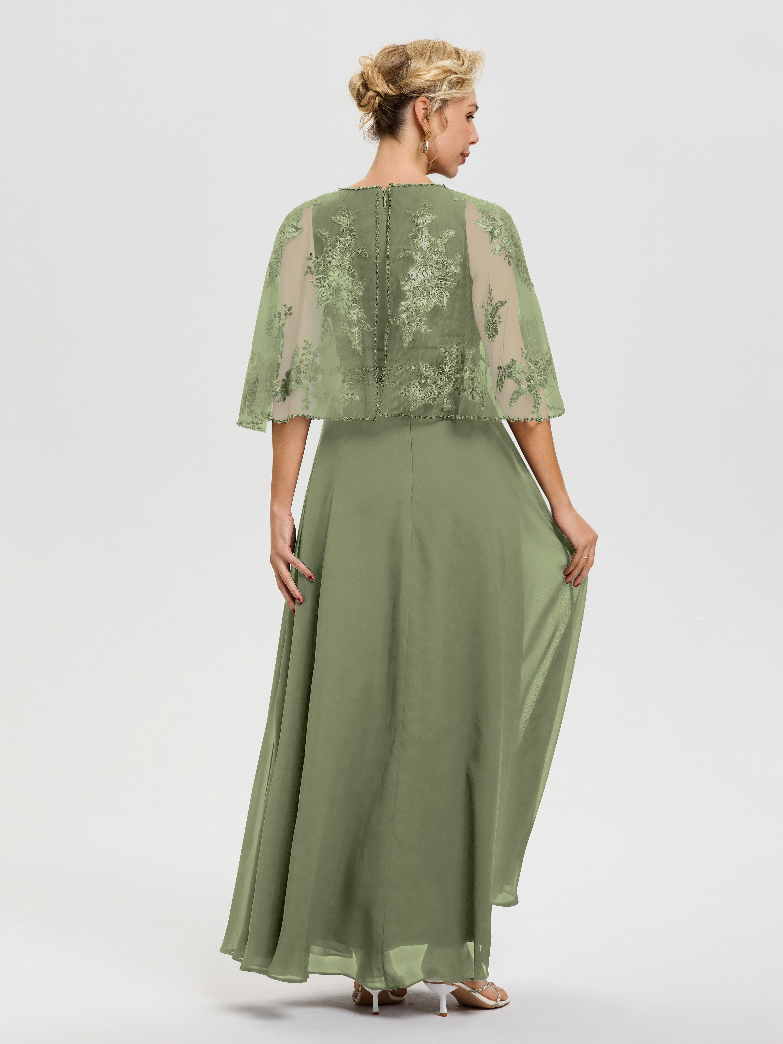 Robes Mères De La Mariée Vert Olive Mousseline & Dentelle Col Rond Robe De Cérémonie Mère De La Mariée