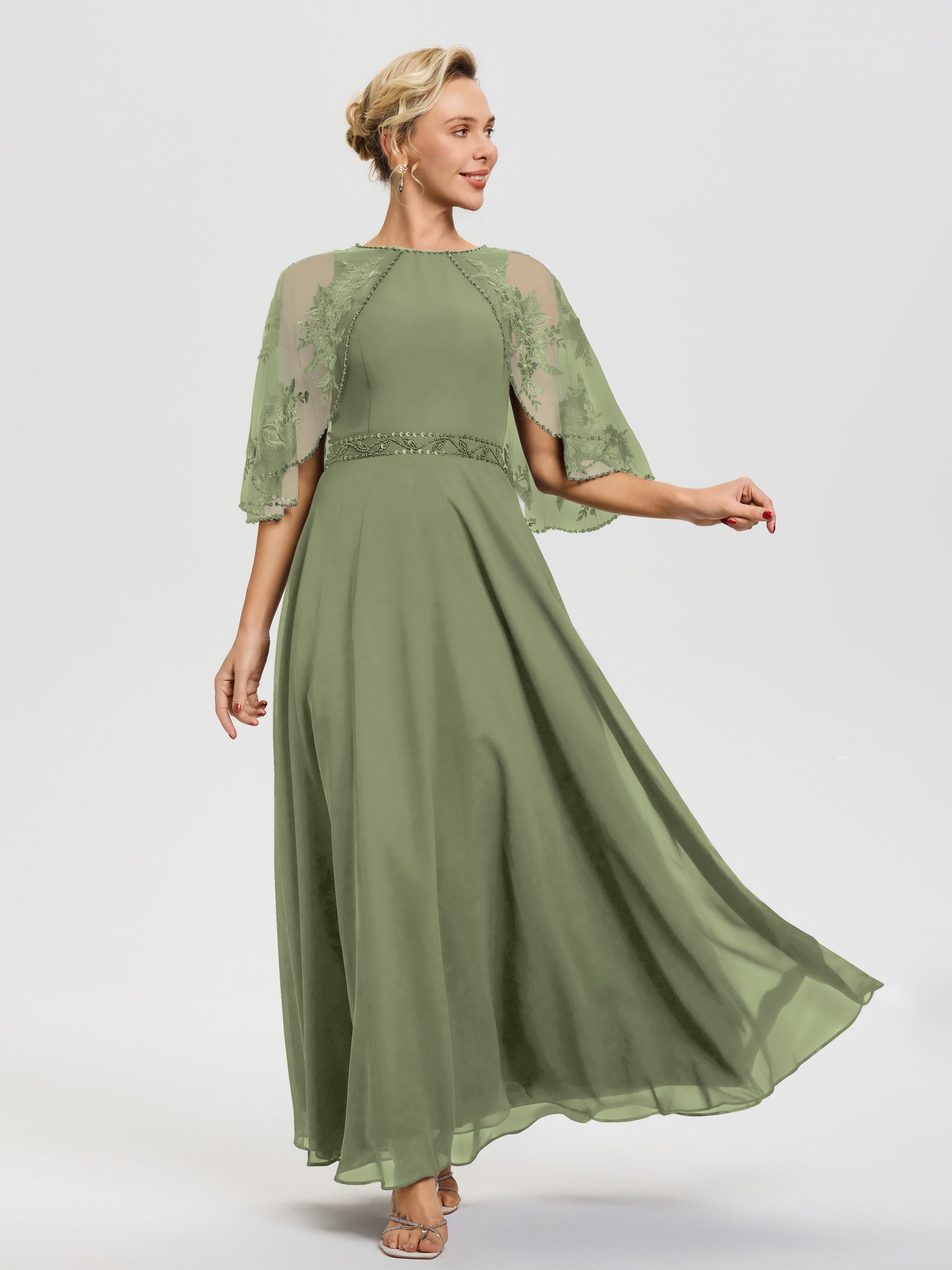Robes Mères De La Mariée Vert Olive Mousseline & Dentelle Col Rond Robe De Cérémonie Mère De La Mariée