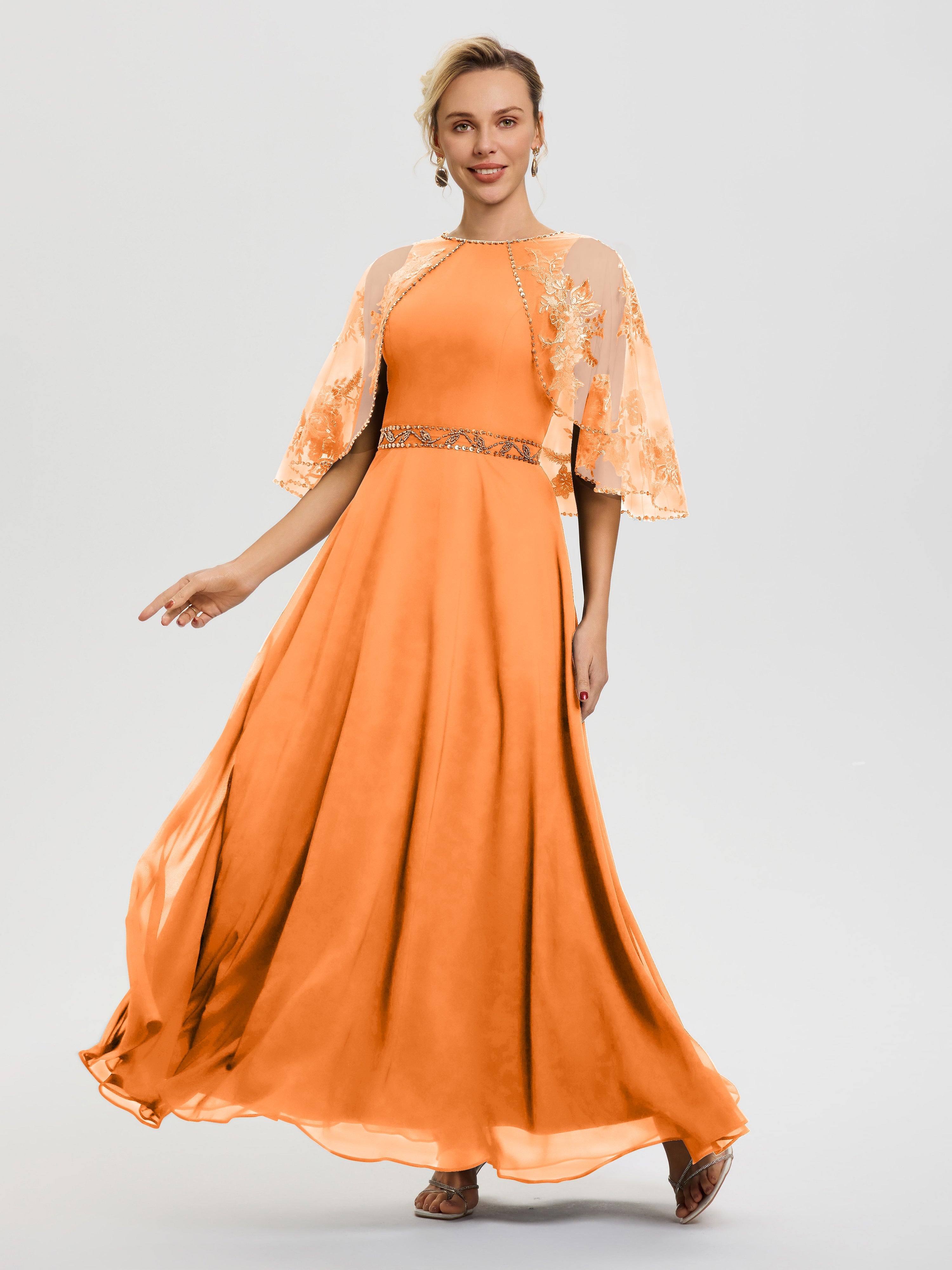 Robe De Mère Du Marié Orange Mousseline & Dentelle Col Rond Robe De Cérémonie Mère De La Mariée