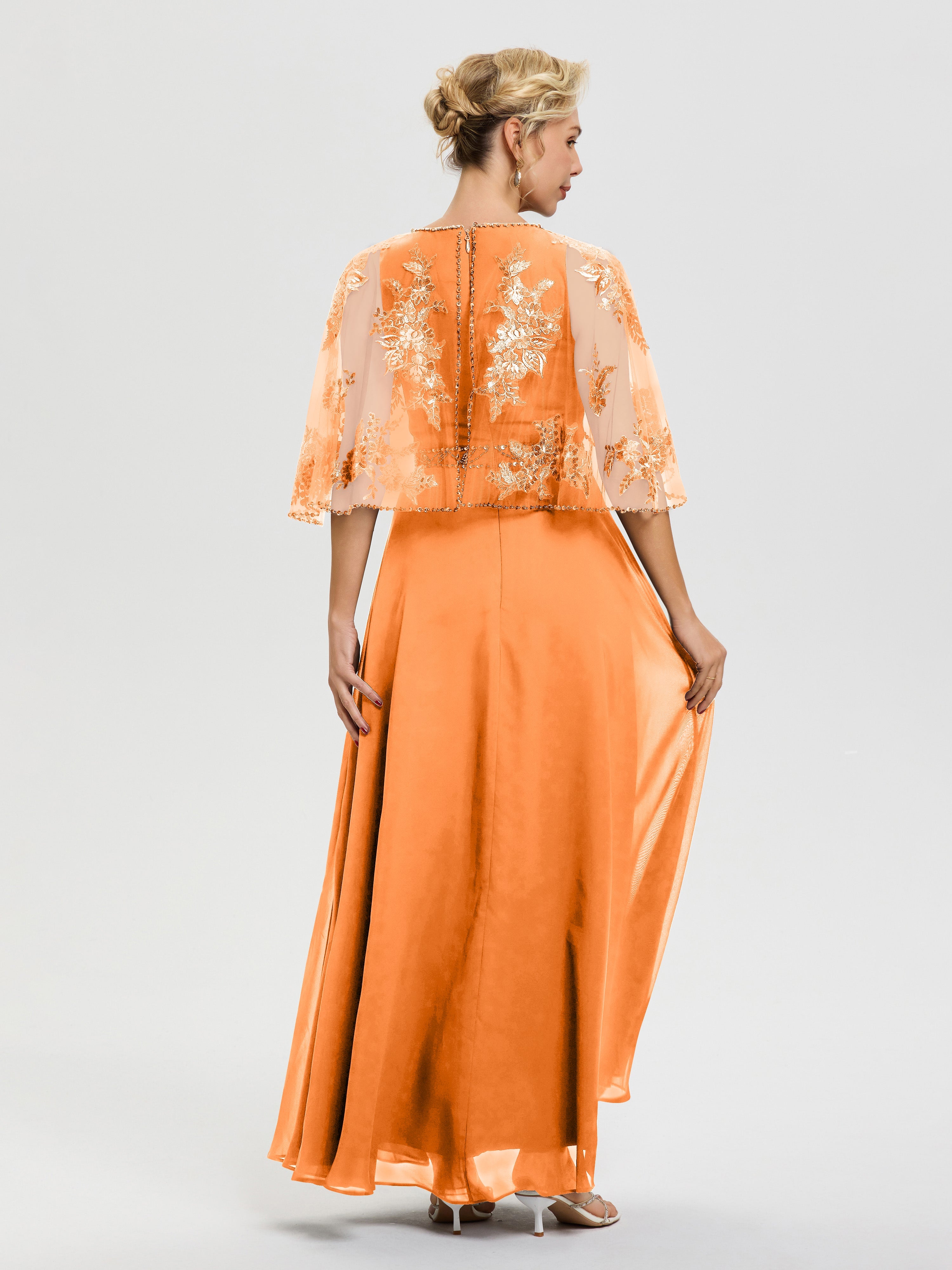 Robe De Mère Du Marié Orange Mousseline & Dentelle Col Rond Robe De Cérémonie Mère De La Mariée