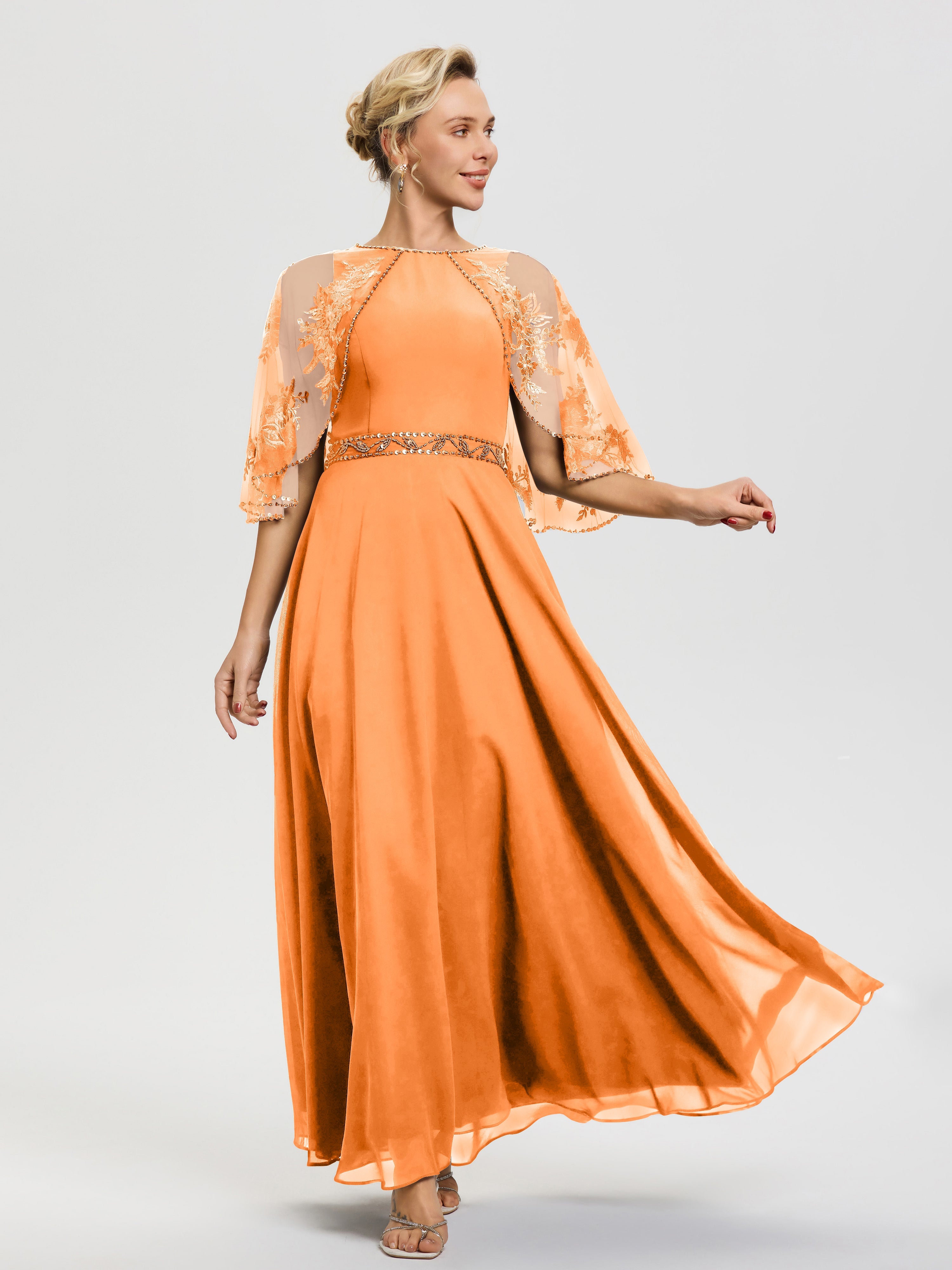 Robe De Mère Du Marié Orange Mousseline & Dentelle Col Rond Robe De Cérémonie Mère De La Mariée