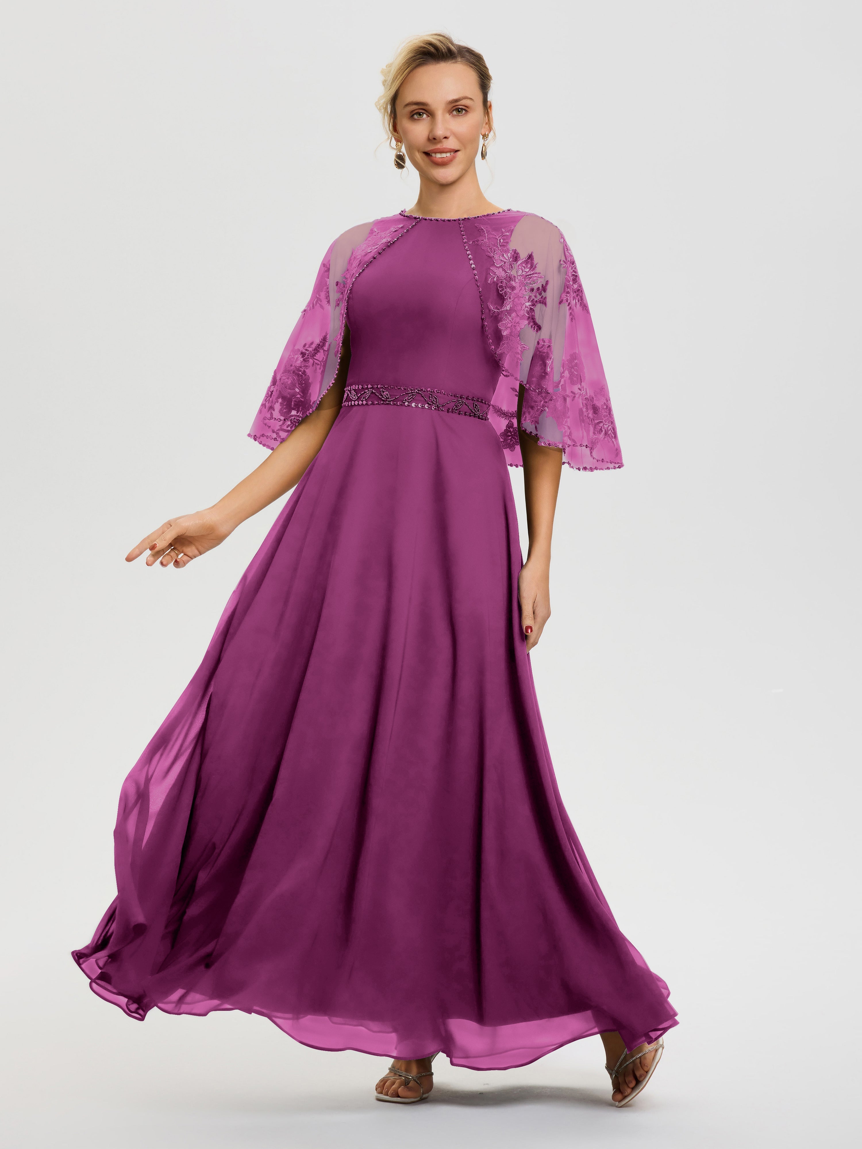 Robe De Mère Du Marié Orchidée Mousseline & Dentelle Col Rond Robe De Cérémonie Mère De La Mariée