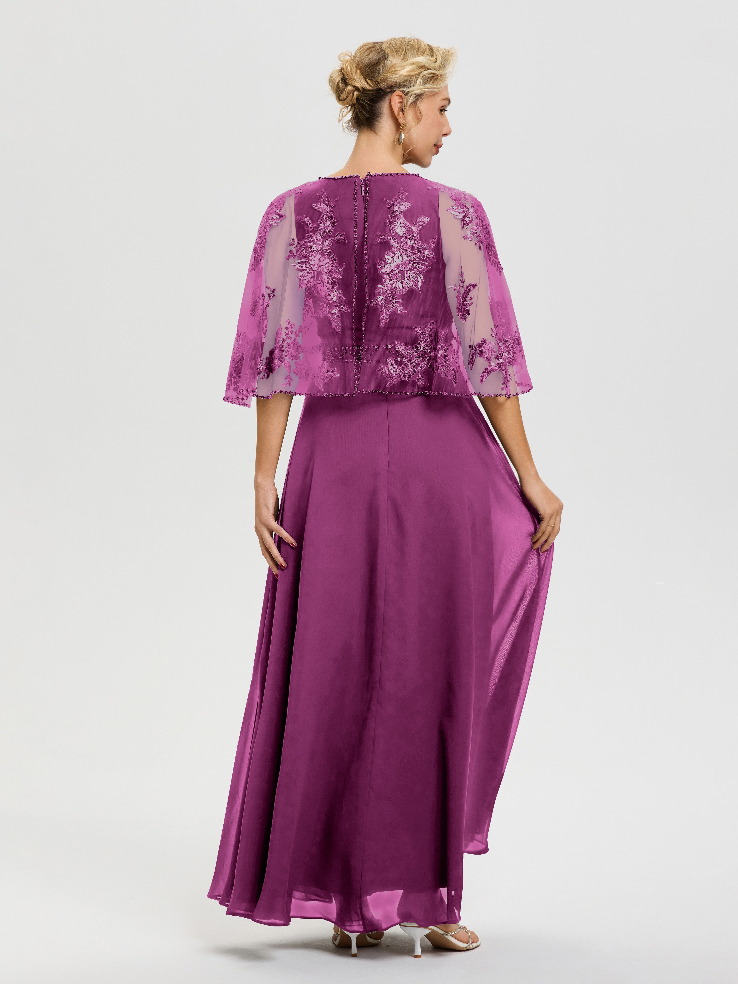 Robe De Mère Du Marié Orchidée Mousseline & Dentelle Col Rond Robe De Cérémonie Mère De La Mariée