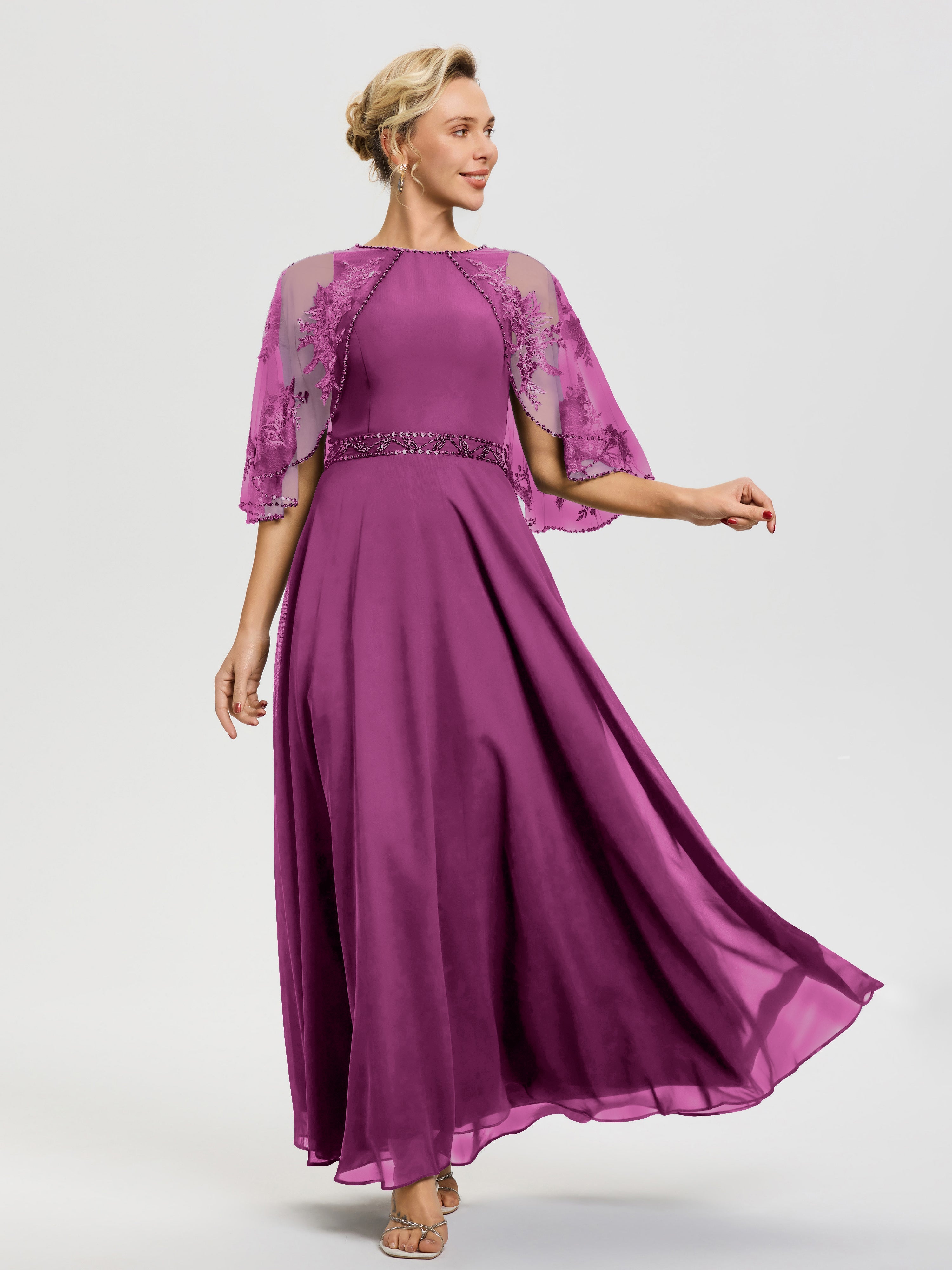 Robe De Mère Du Marié Orchidée Mousseline & Dentelle Col Rond Robe De Cérémonie Mère De La Mariée