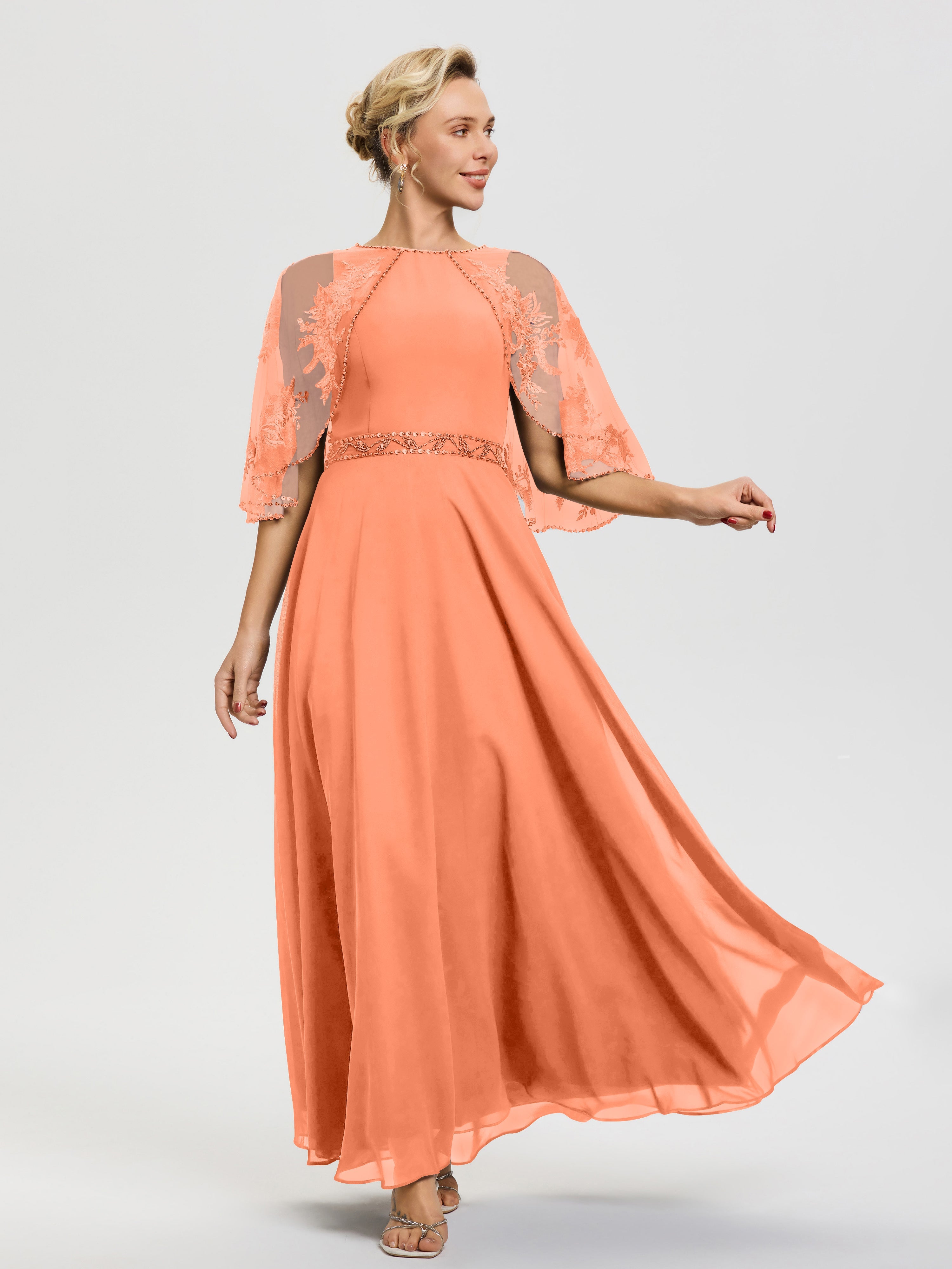 Robe De Mère Du Marié Papaye Mousseline & Dentelle Col Rond Robe De Cérémonie Mère De La Mariée