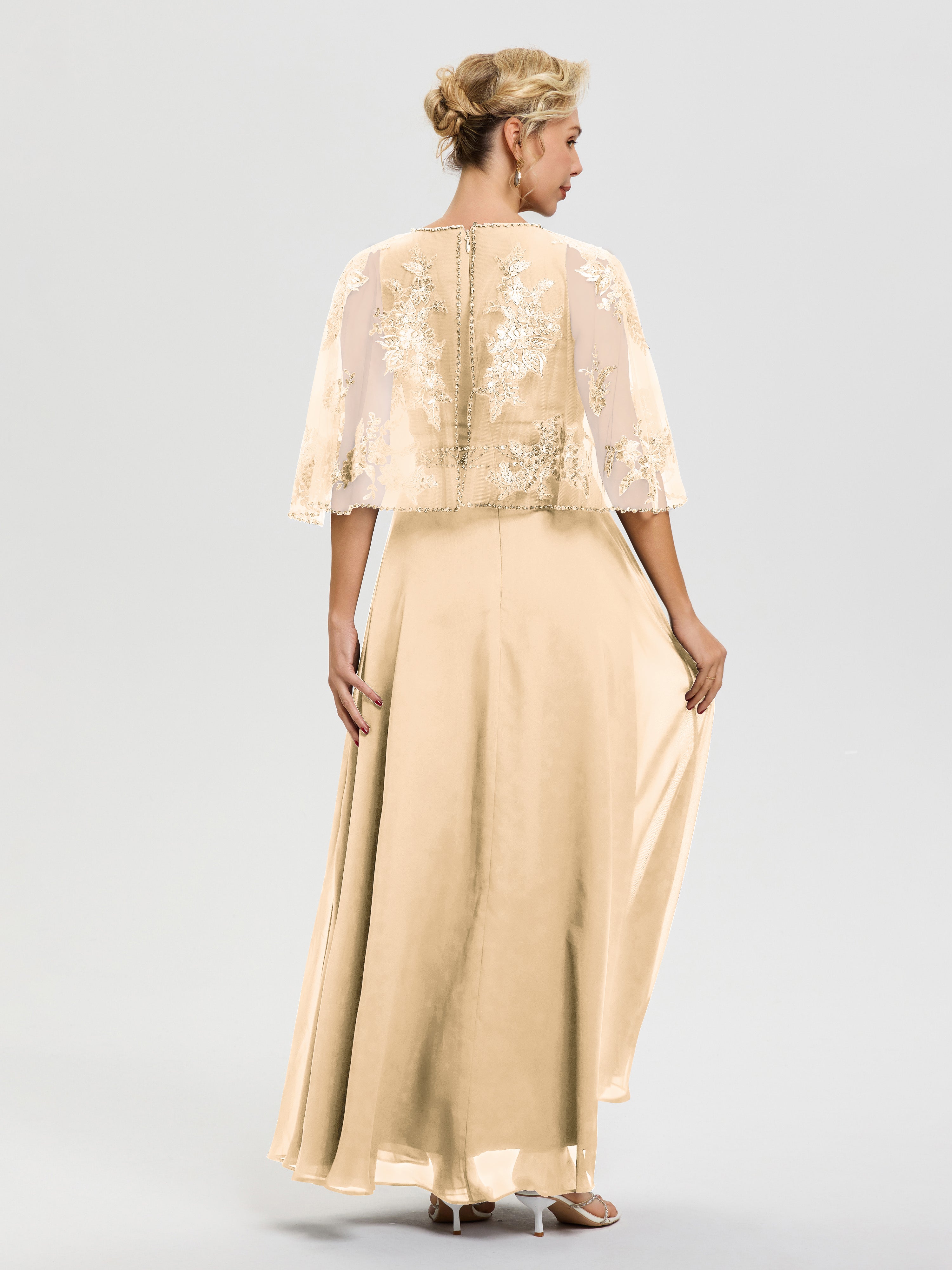 Robe Cérémonie Mère Du Marié Peche Mousseline & Dentelle Col Rond Robe De Cérémonie Mère De La Mariée