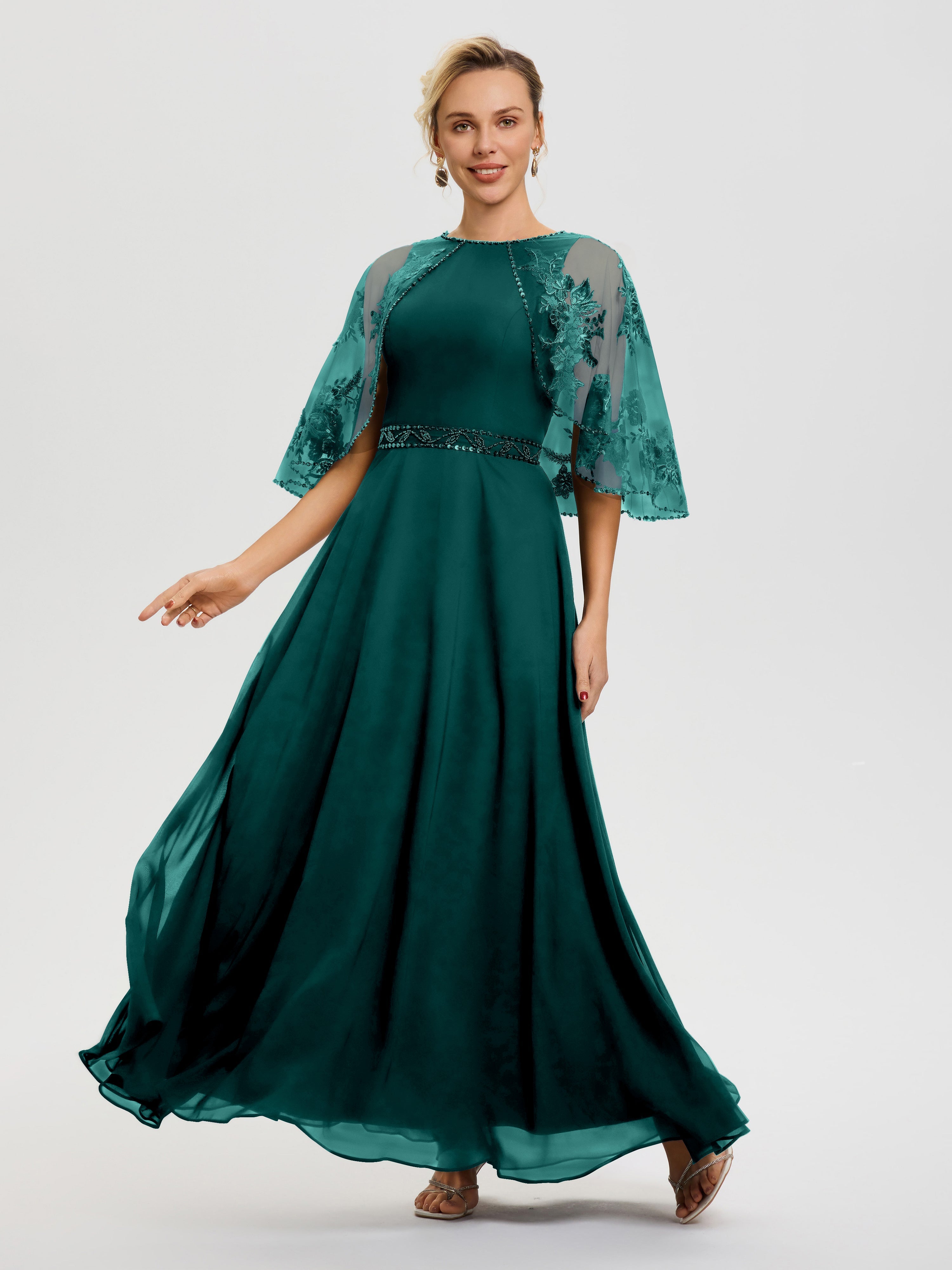 Robe De Mère Du Marié Paon Mousseline & Dentelle Col Rond Robe De Cérémonie Mère De La Mariée