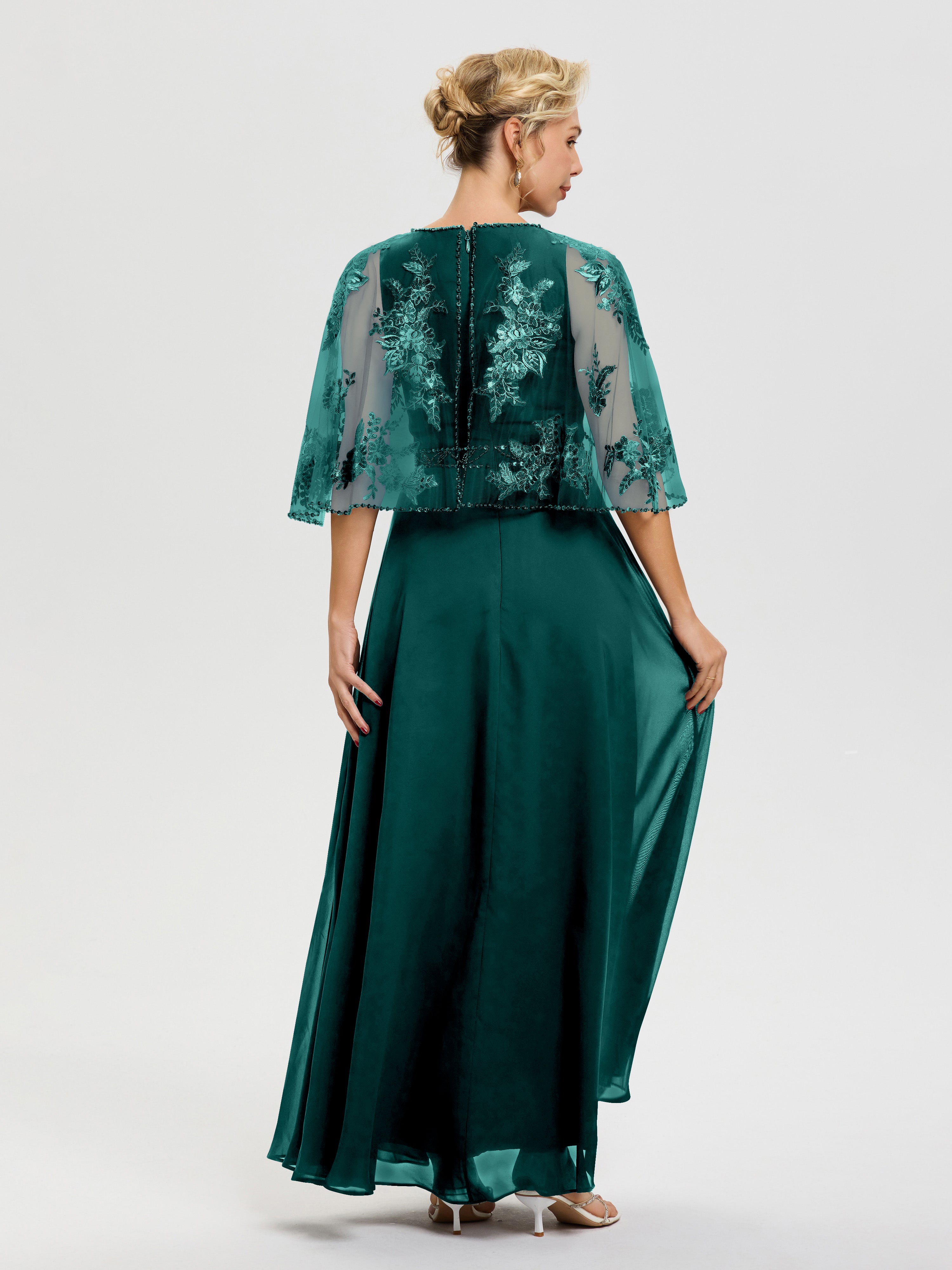 Robe De Mère Du Marié Paon Mousseline & Dentelle Col Rond Robe De Cérémonie Mère De La Mariée