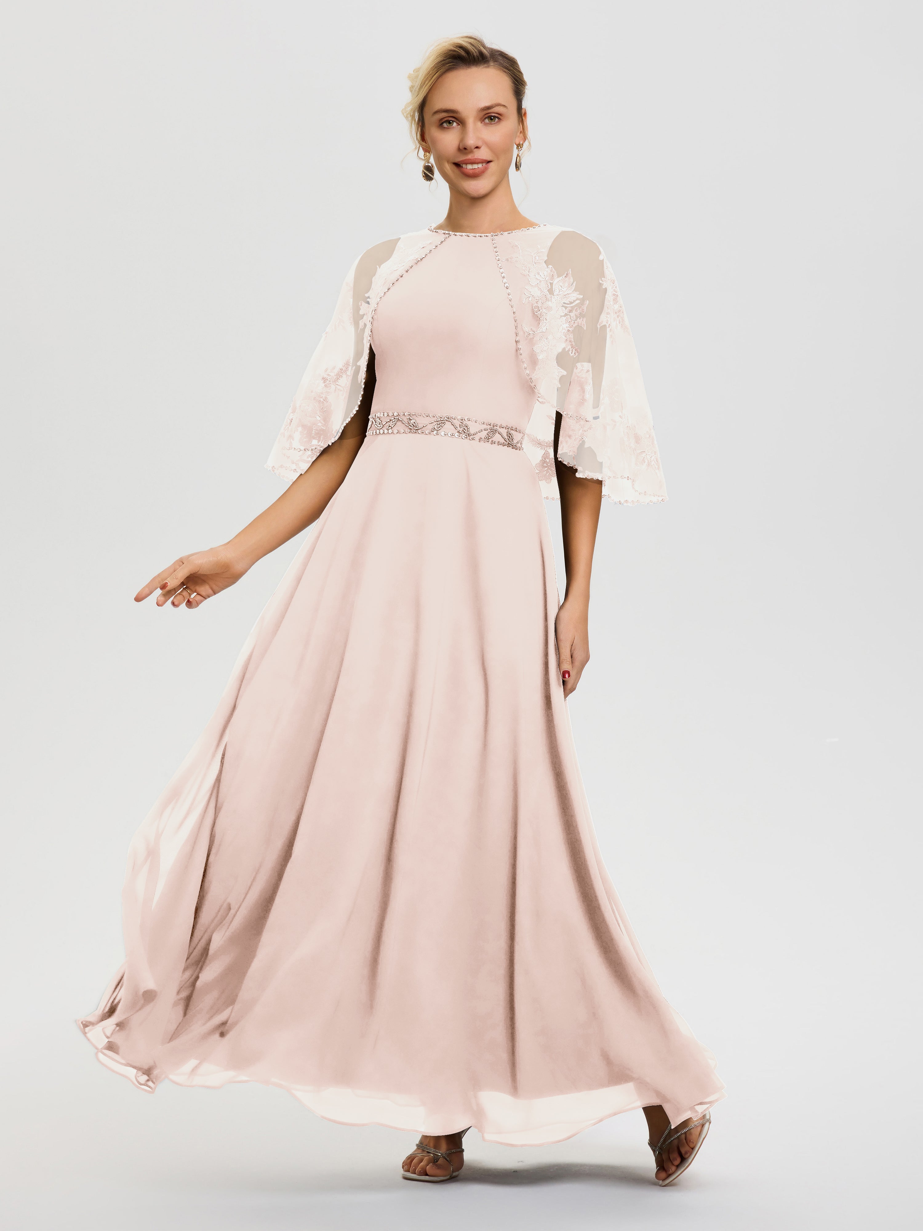 Robe De Mère Du Marié Rose Perle Mousseline & Dentelle Col Rond Robe De Cérémonie Mère De La Mariée
