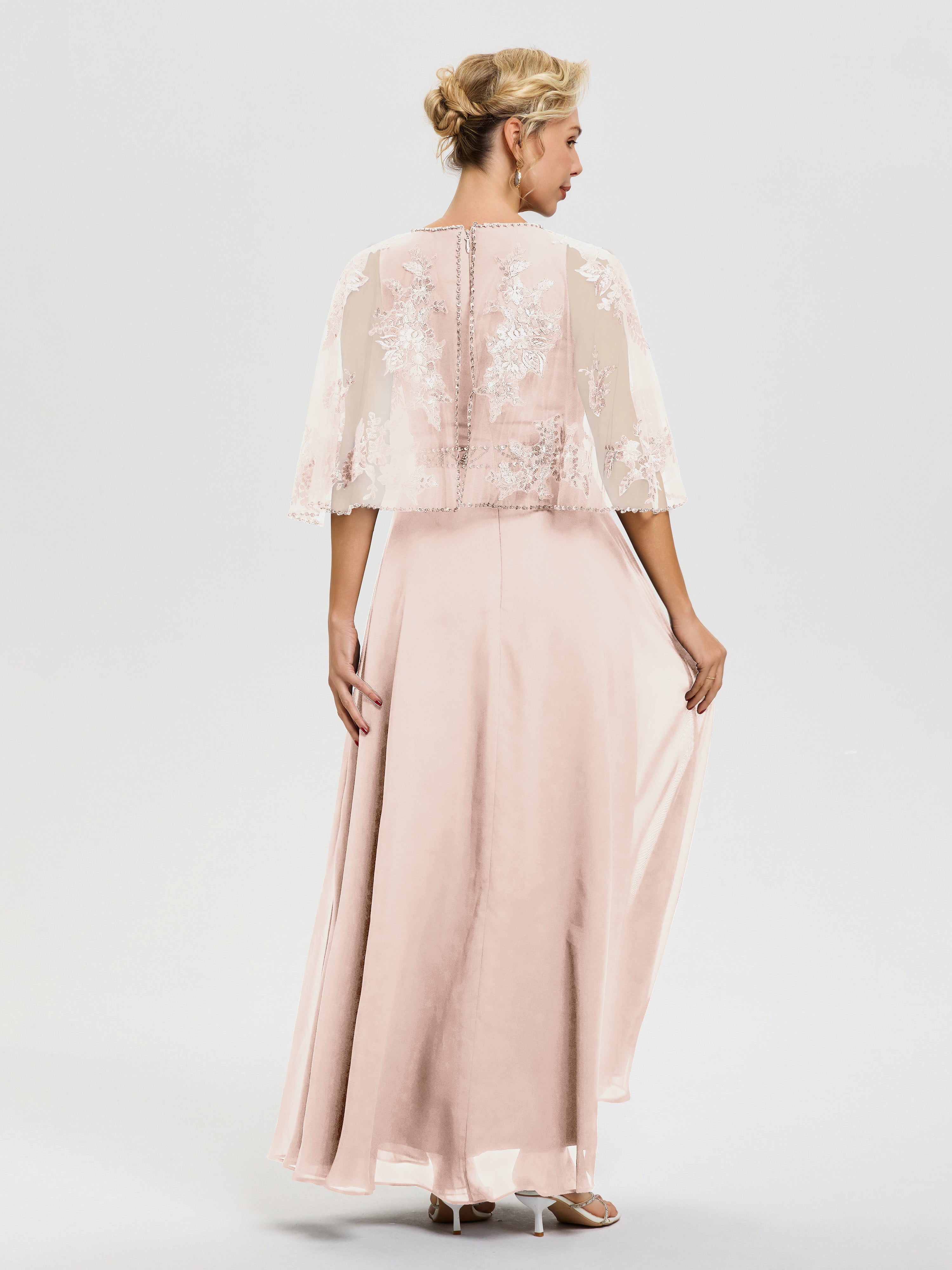 Robe De Mère Du Marié Rose Perle Mousseline & Dentelle Col Rond Robe De Cérémonie Mère De La Mariée