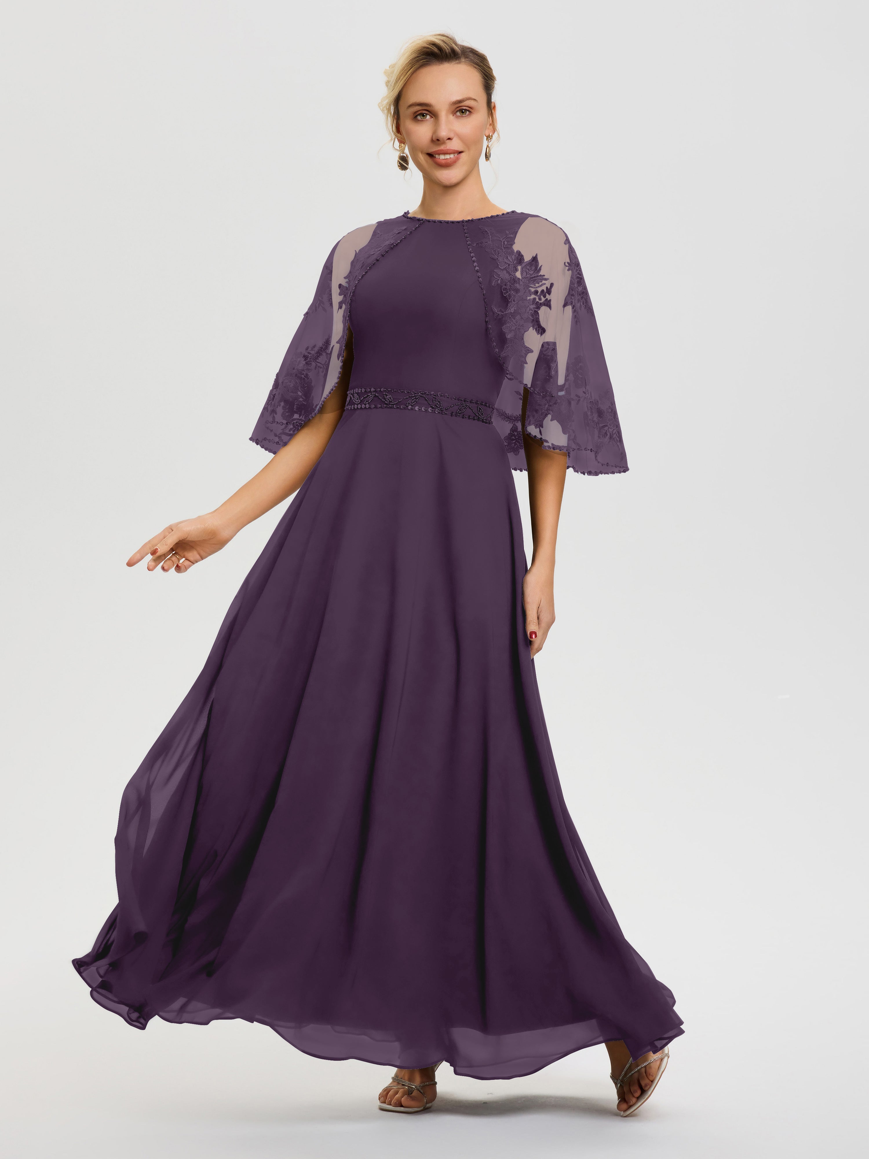 Robe De Mère Du Marié Plum Mousseline & Dentelle Col Rond Robe De Cérémonie Mère De La Mariée