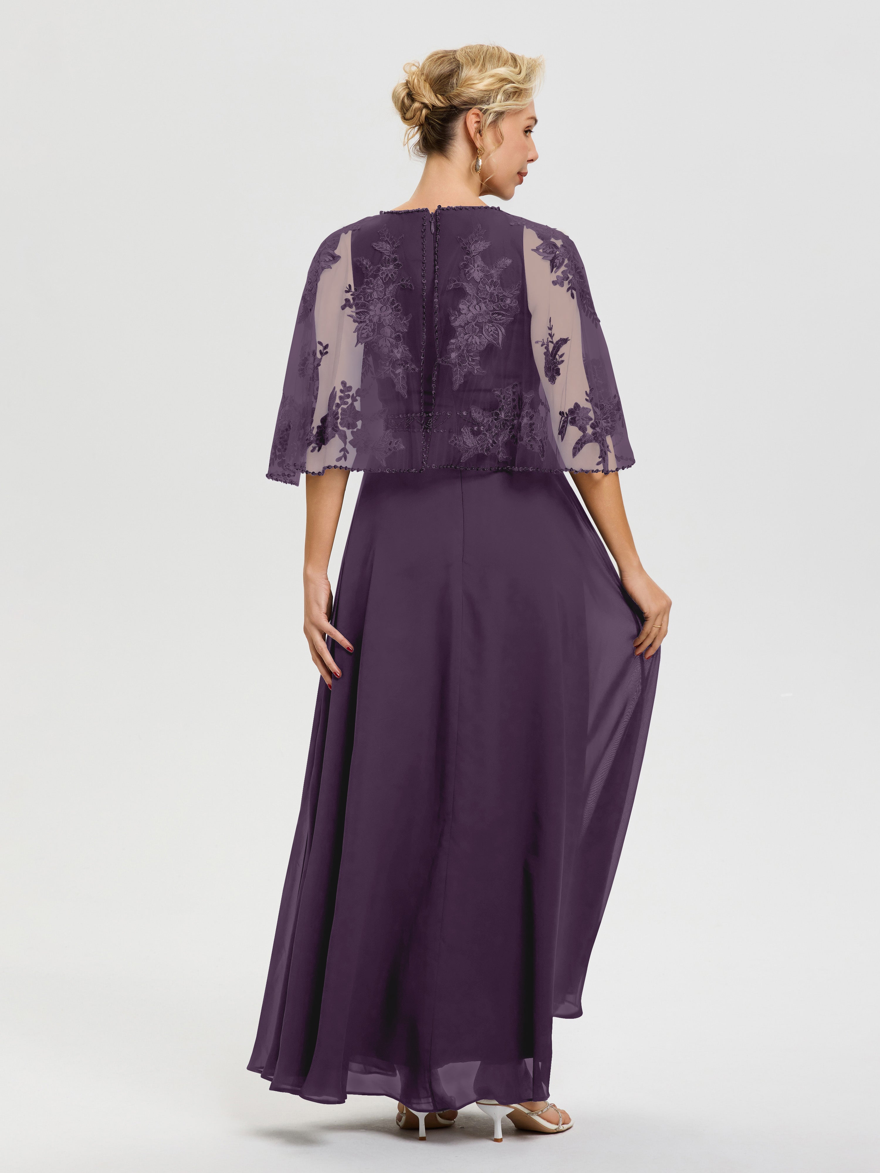 Robe De Mère Du Marié Plum Mousseline & Dentelle Col Rond Robe De Cérémonie Mère De La Mariée