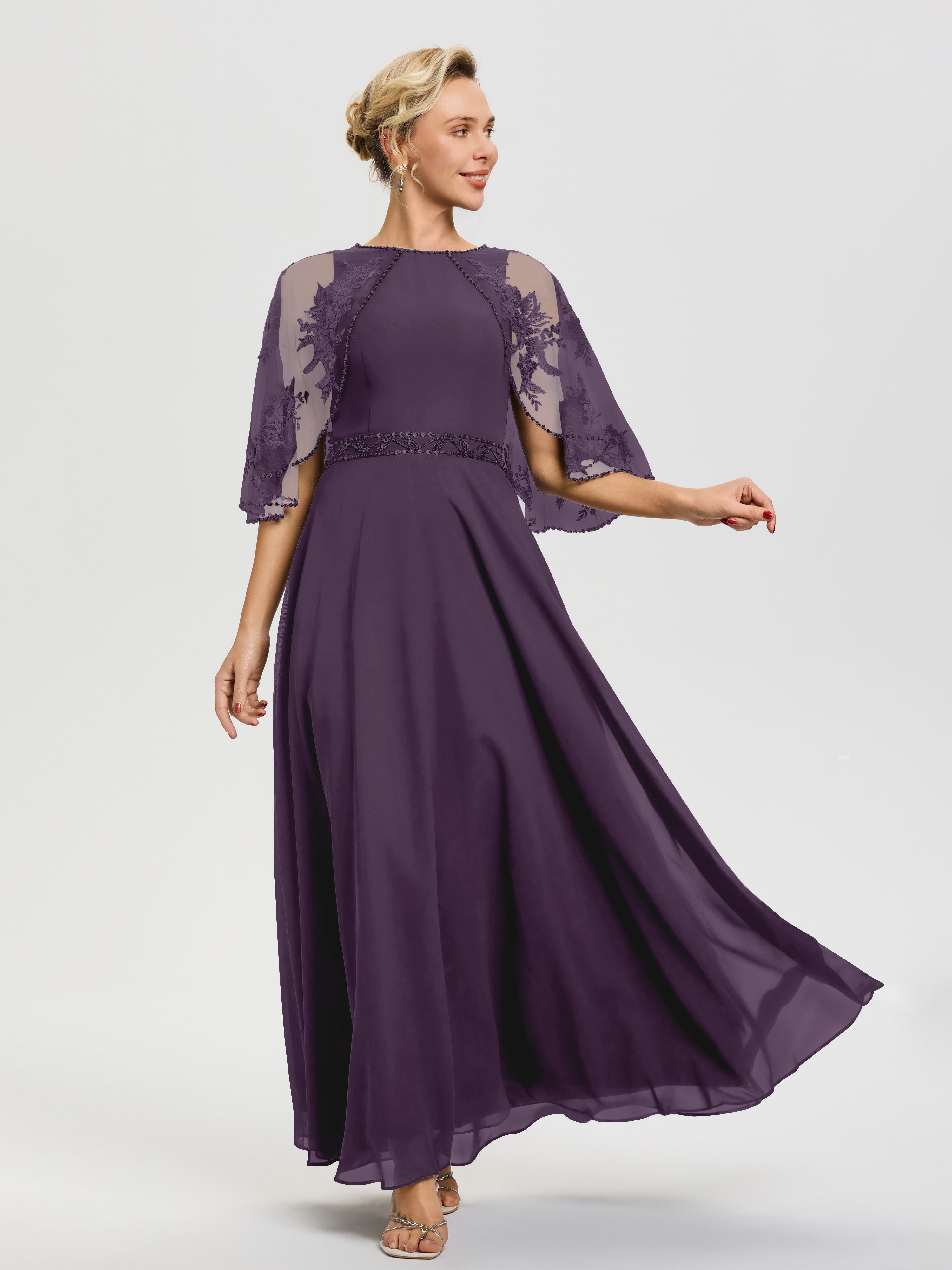 Robe De Mère Du Marié Plum Mousseline & Dentelle Col Rond Robe De Cérémonie Mère De La Mariée