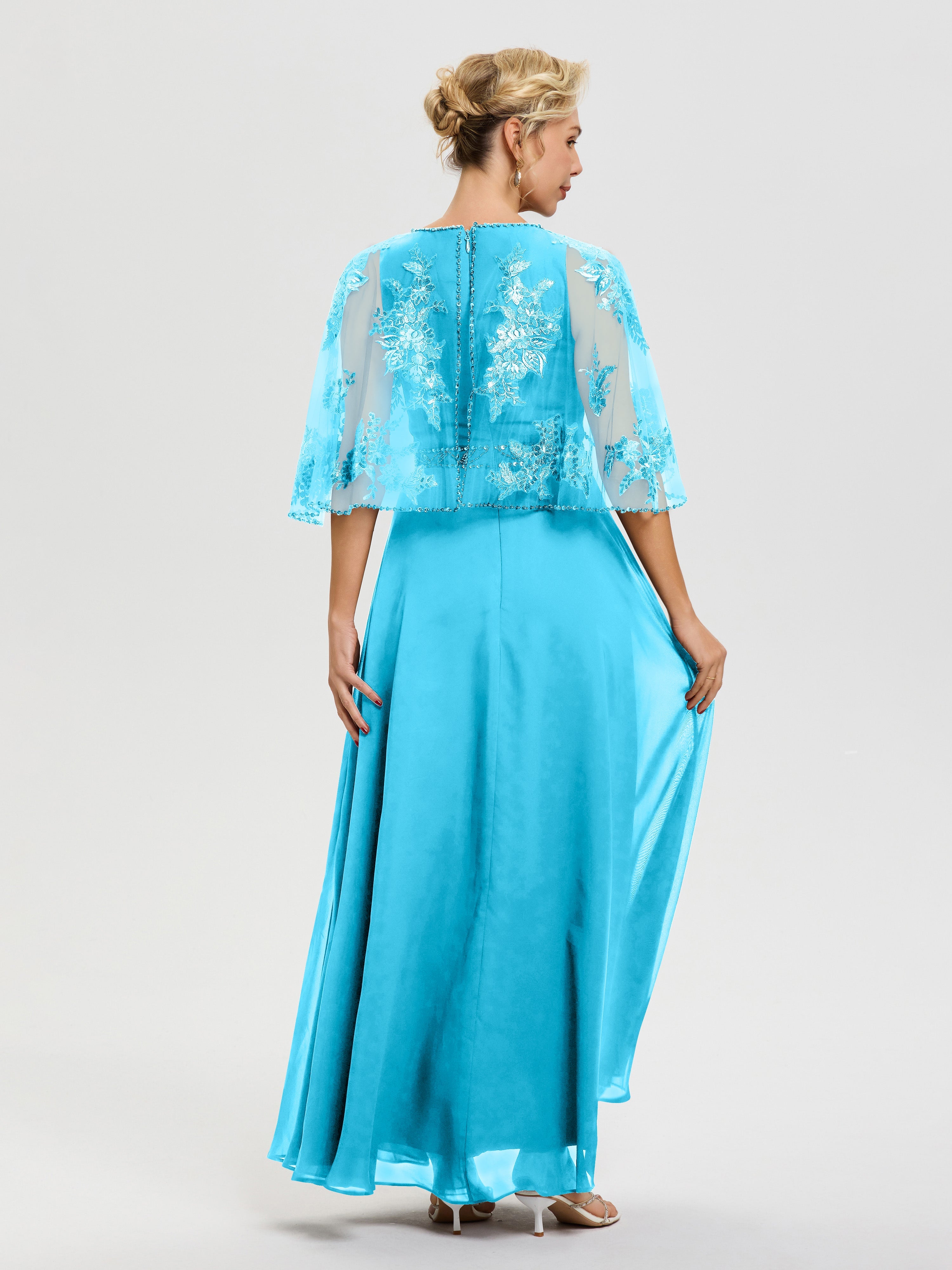 Robe De Mère Du Marié Piscine Mousseline & Dentelle Col Rond Robe De Cérémonie Mère De La Mariée