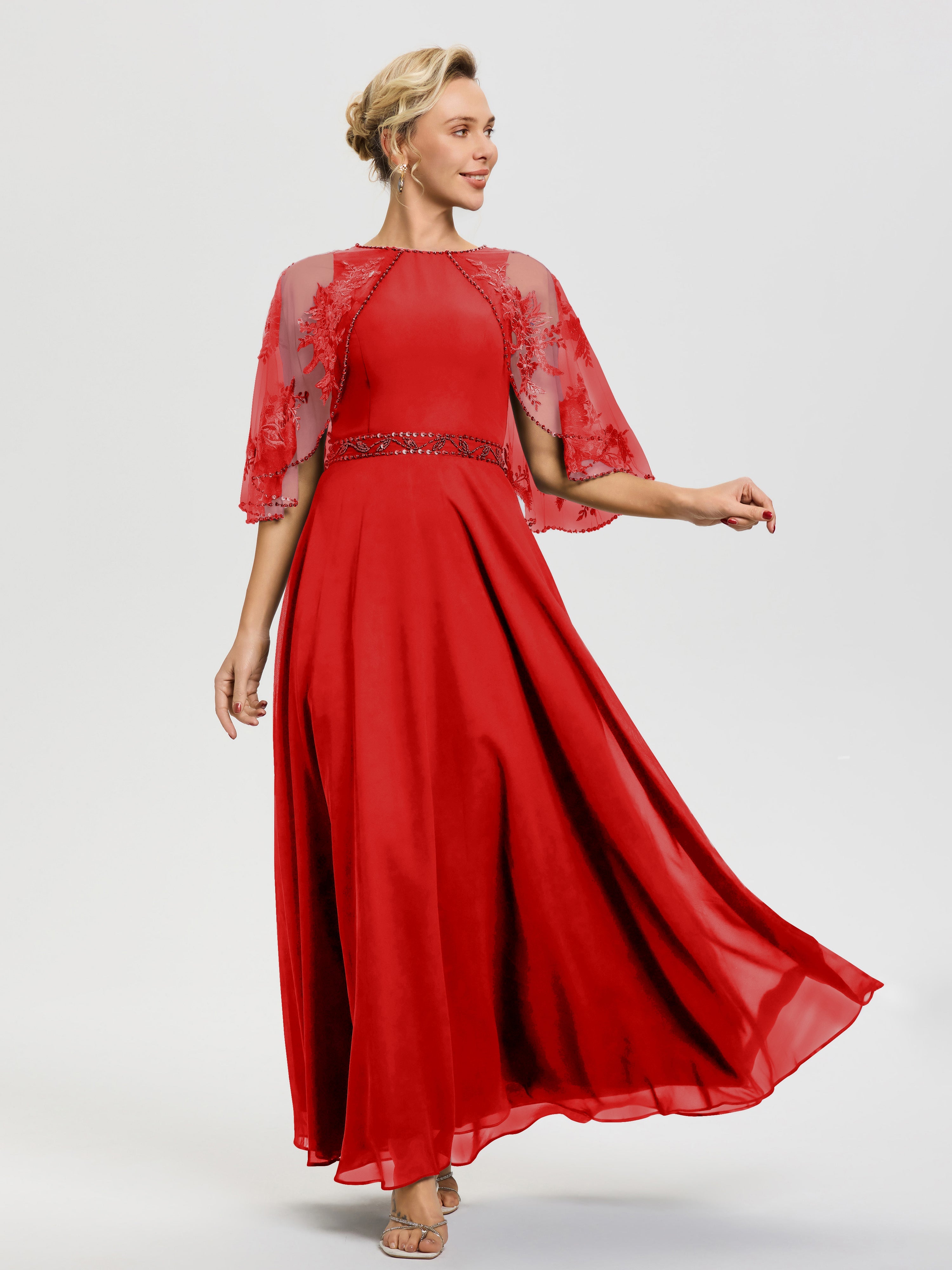 Robe De Mère Du Marié Rouge Mousseline & Dentelle Col Rond Robe De Cérémonie Mère De La Mariée