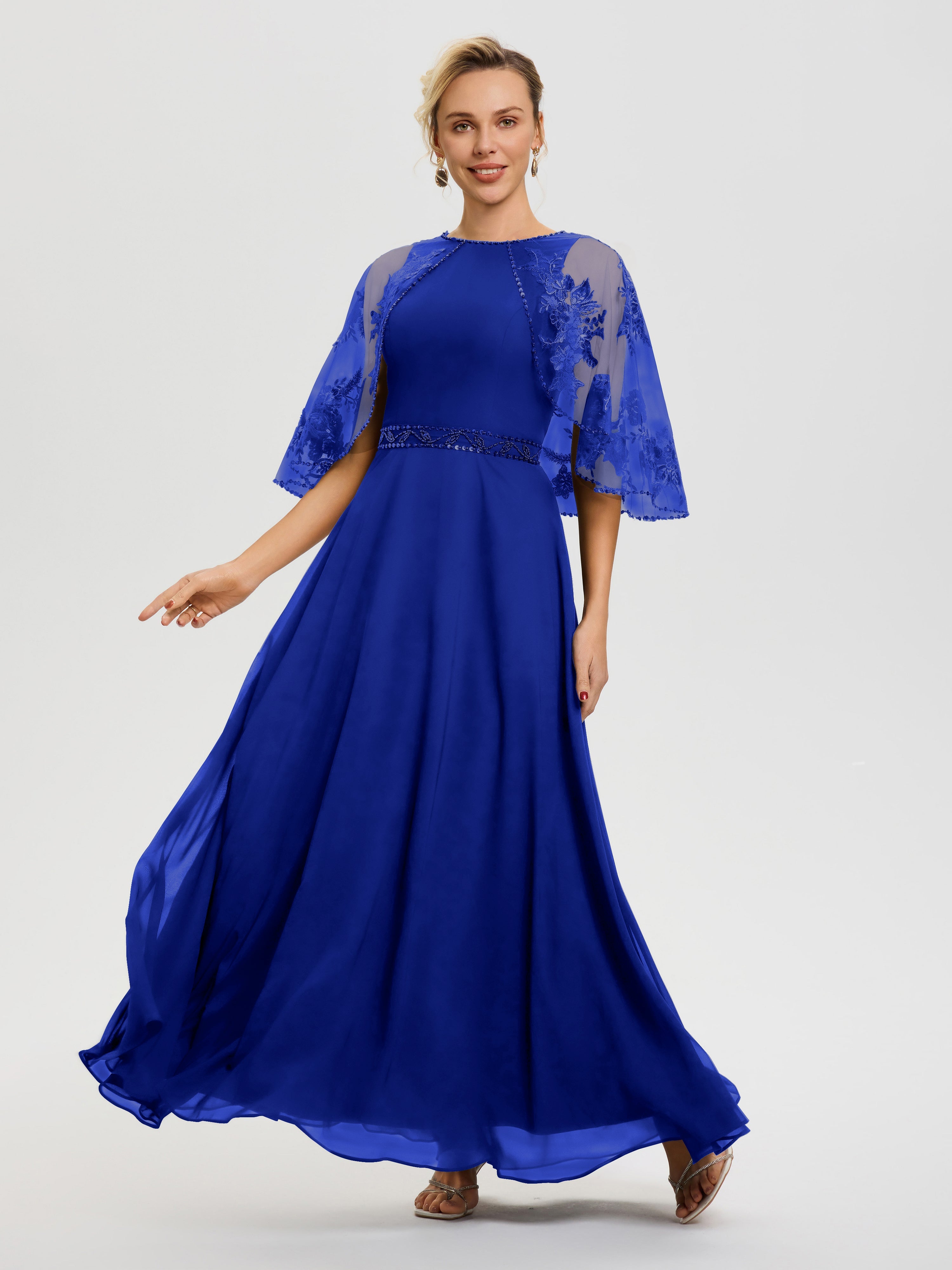 Robe Mère Du Marié Bleu Royale Mousseline & Dentelle Col Rond Robe De Cérémonie Mère De La Mariée