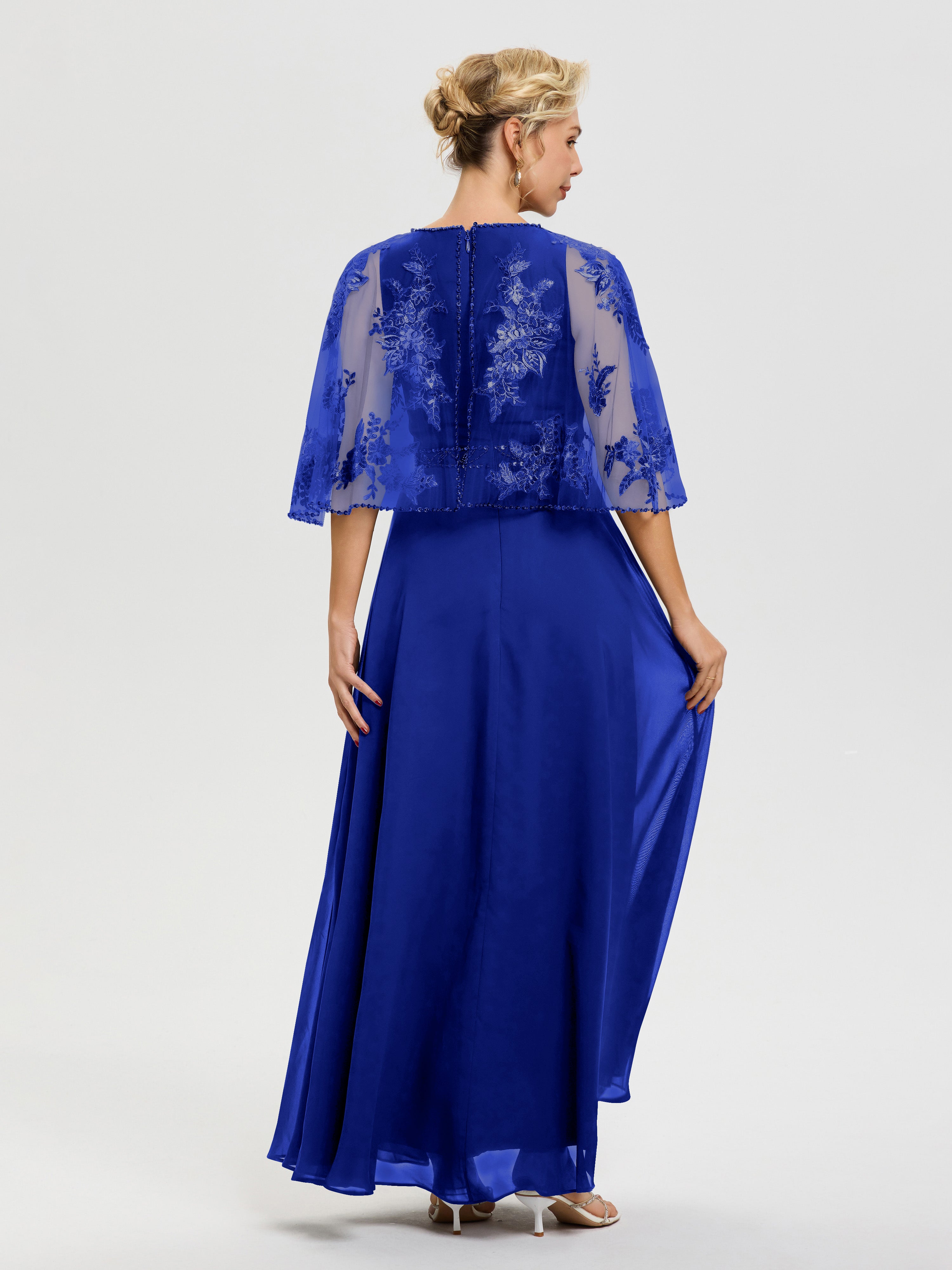 Robe Mère Du Marié Bleu Royale Mousseline & Dentelle Col Rond Robe De Cérémonie Mère De La Mariée