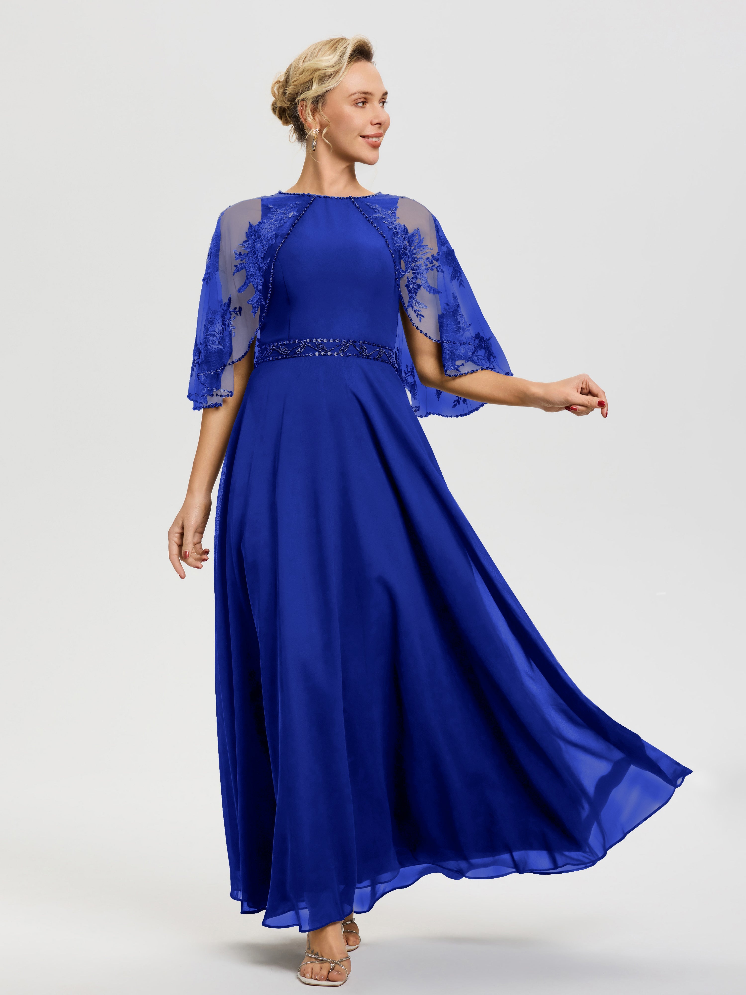 Robe Mère Du Marié Bleu Royale Mousseline & Dentelle Col Rond Robe De Cérémonie Mère De La Mariée