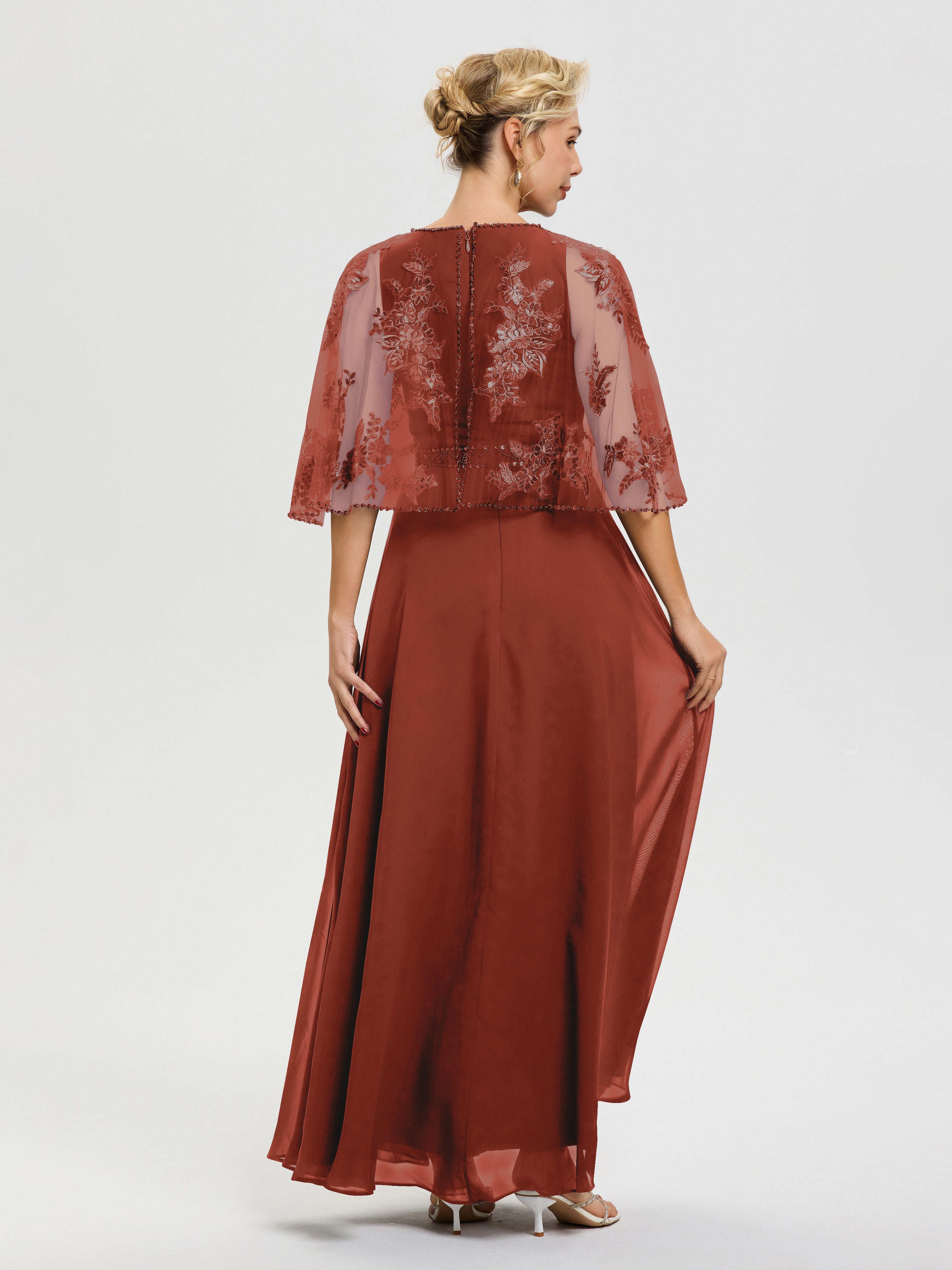 Robe De Mère Du Marié Rouille Mousseline & Dentelle Col Rond Robe De Cérémonie Mère De La Mariée