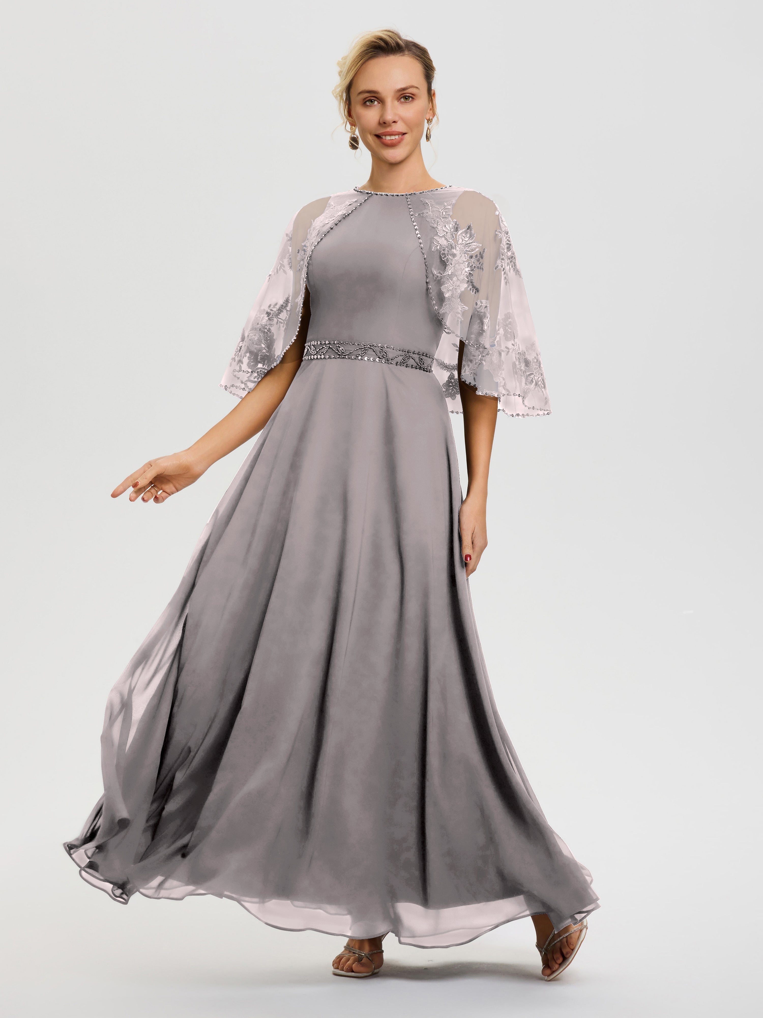 Robe Mère Du Marié Argent Mousseline & Dentelle Col Rond Robe De Cérémonie Mère De La Mariée