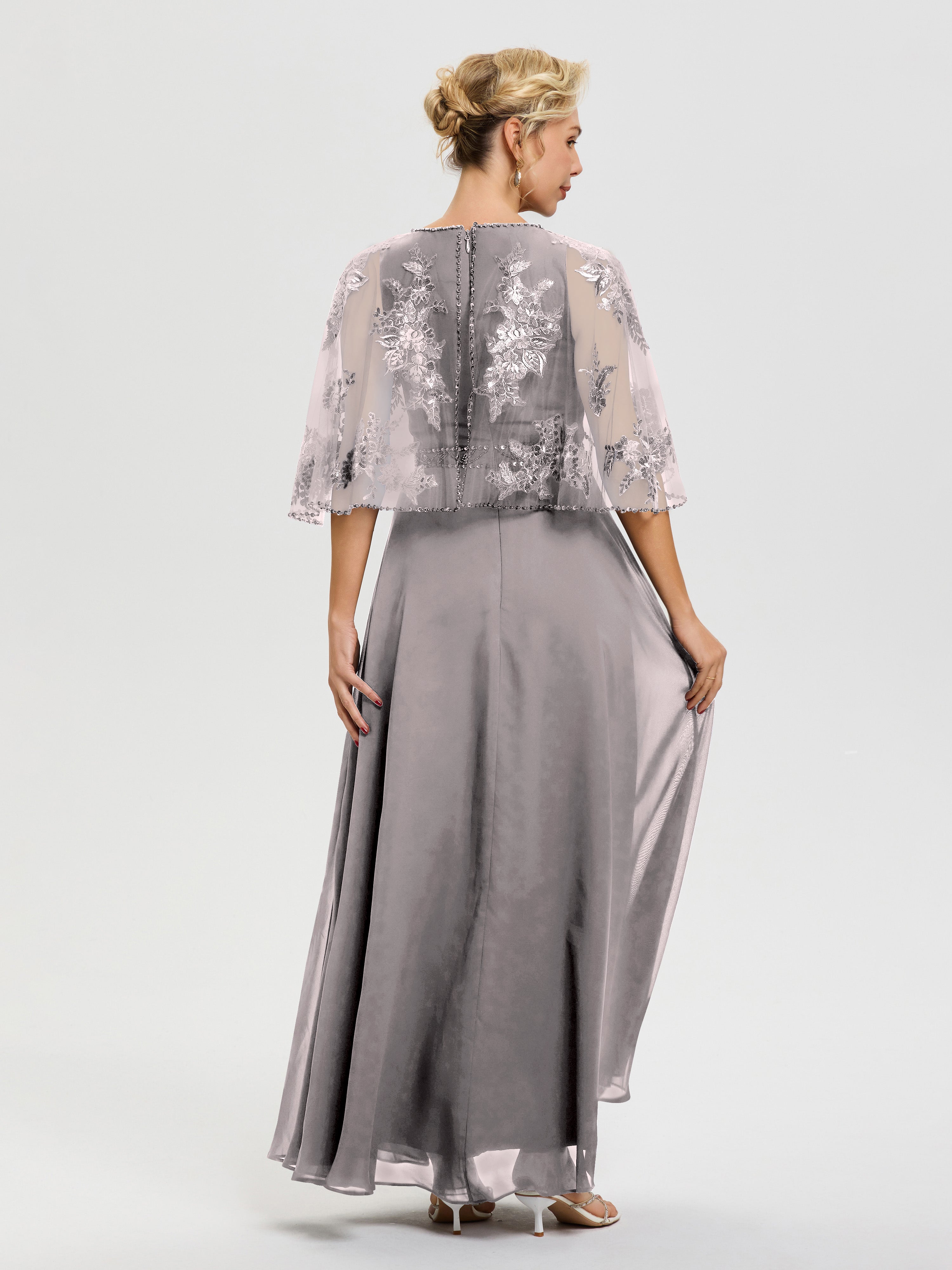Robe Mère Du Marié Argent Mousseline & Dentelle Col Rond Robe De Cérémonie Mère De La Mariée