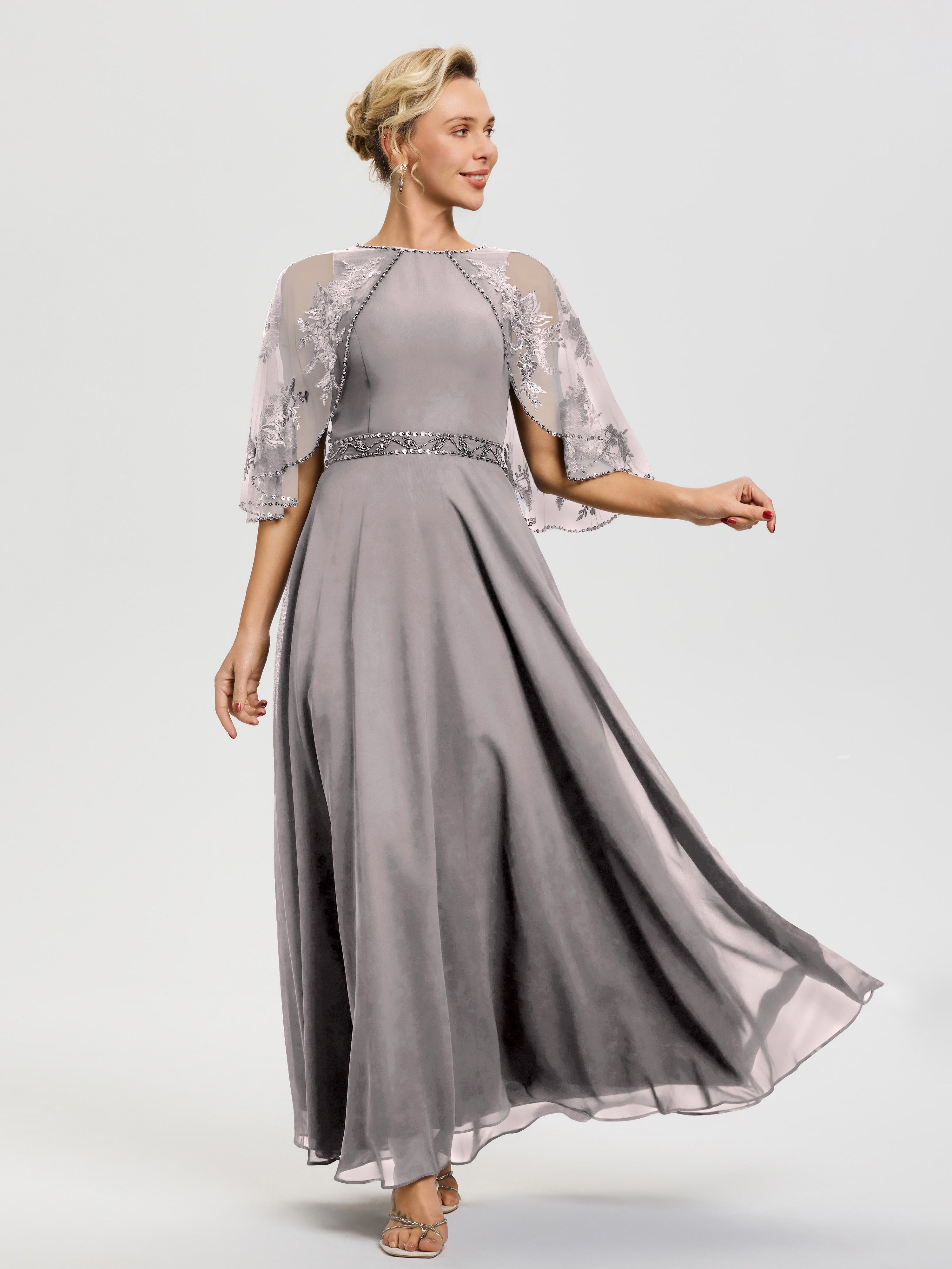 Robe Mère Du Marié Argent Mousseline & Dentelle Col Rond Robe De Cérémonie Mère De La Mariée