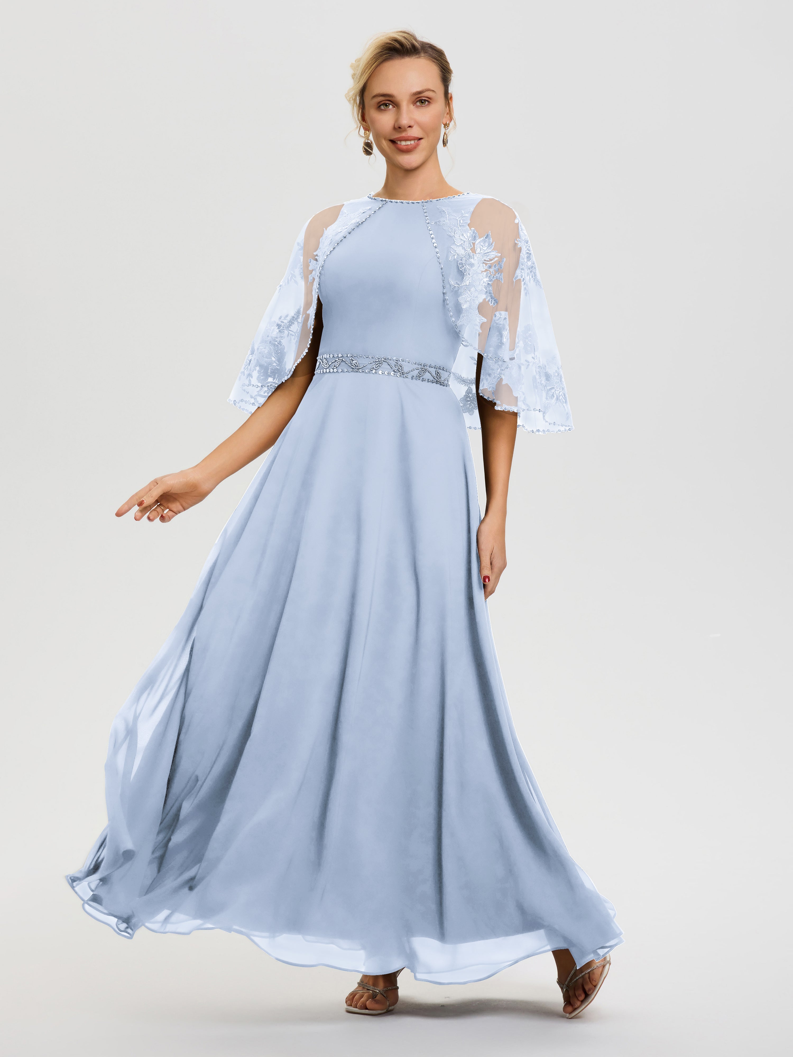 Robe Mère Du Marié Bleu Ciel Mousseline & Dentelle Col Rond Robe De Cérémonie Mère De La Mariée