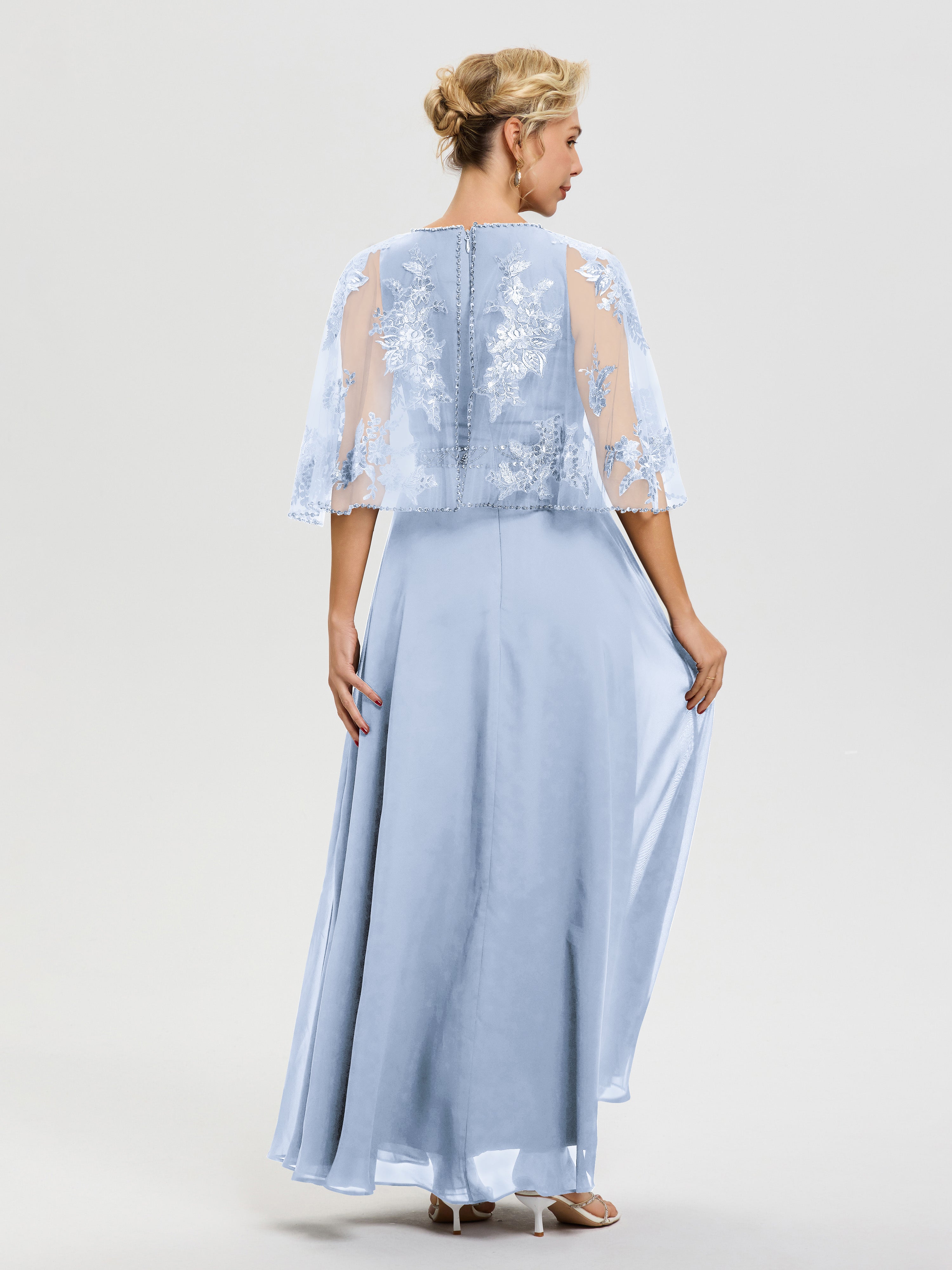 Robe Mère Du Marié Bleu Ciel Mousseline & Dentelle Col Rond Robe De Cérémonie Mère De La Mariée