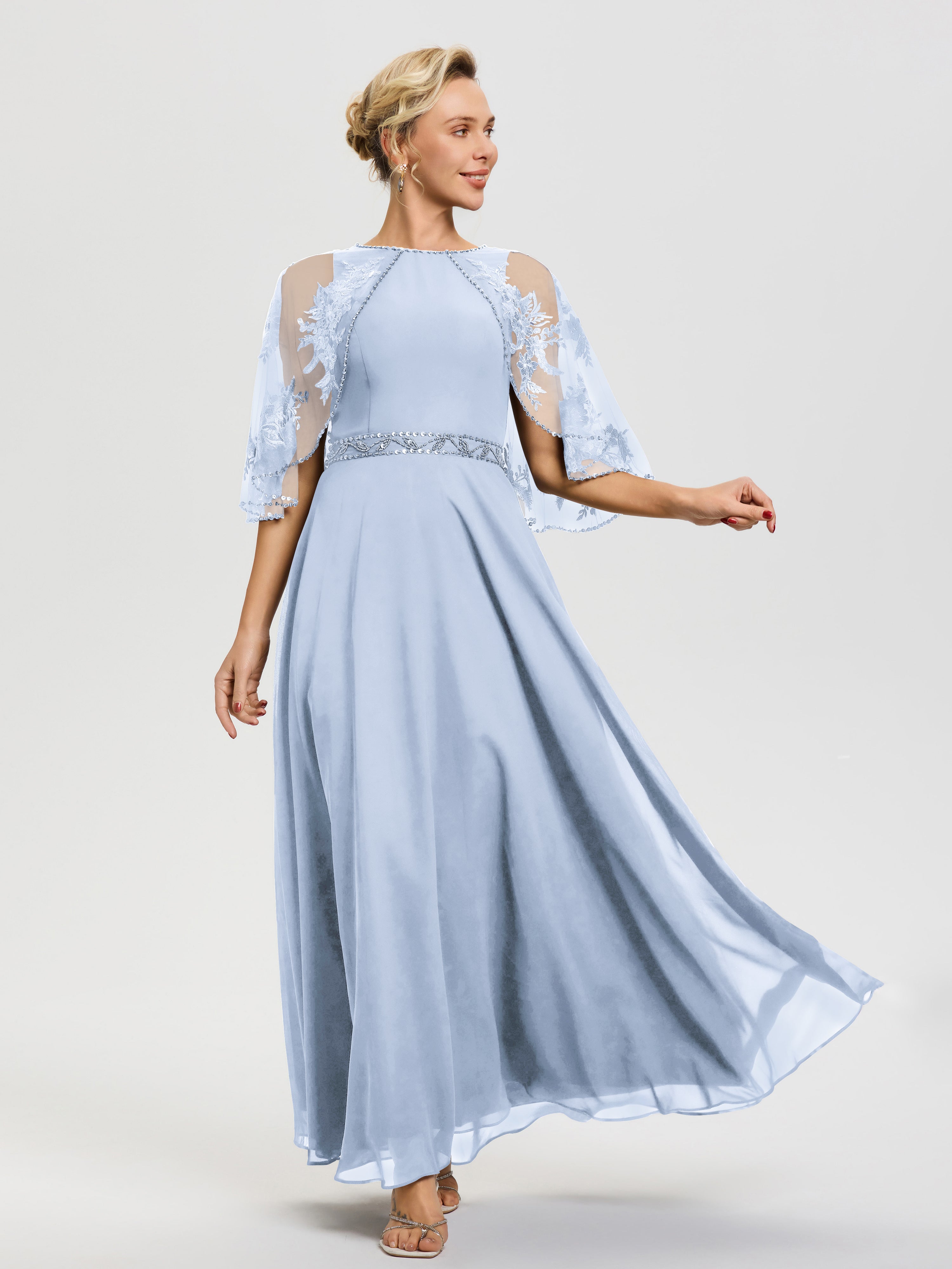 Robe Mère Du Marié Bleu Ciel Mousseline & Dentelle Col Rond Robe De Cérémonie Mère De La Mariée