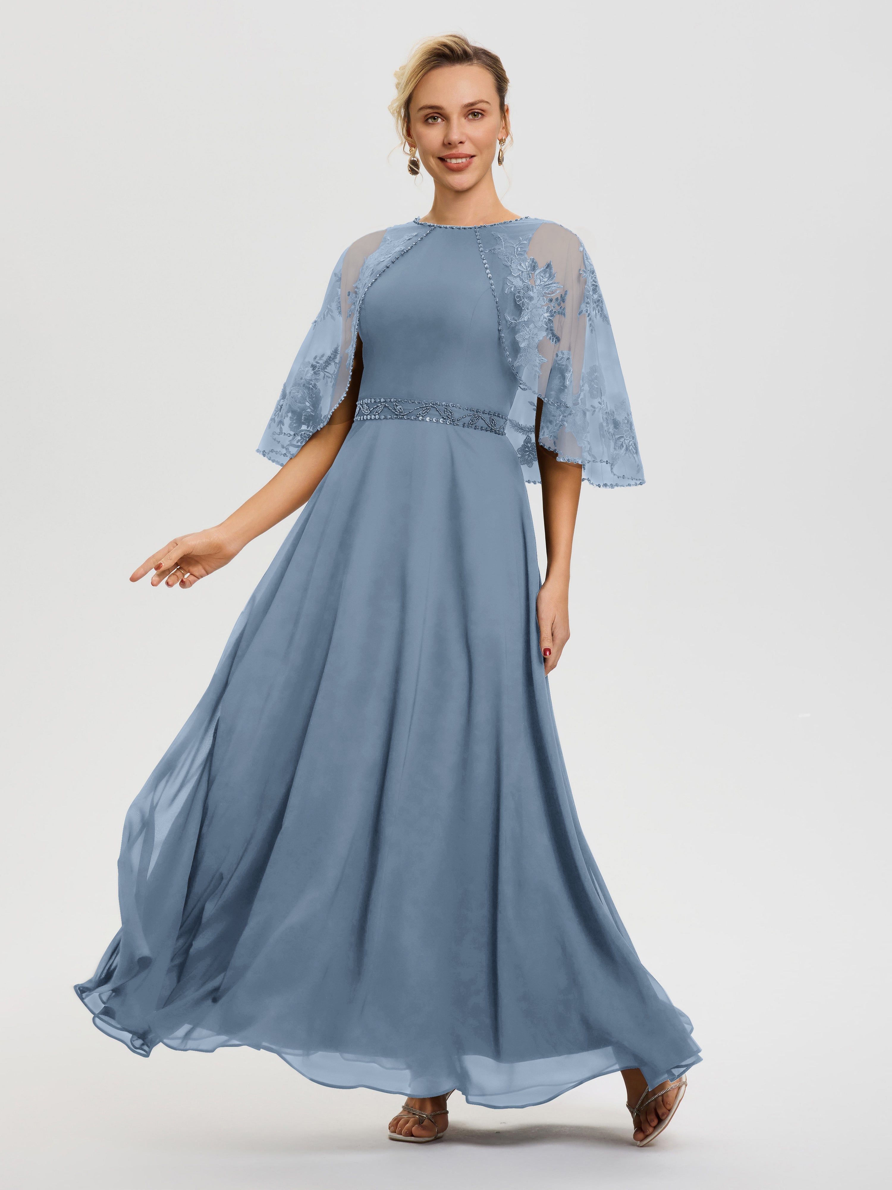 Robe De Mère De La Mariée Bleu De Schiste Mousseline-Dentelle-Col-Rond-Robe-De-Ceremonie-Mere-De-La-Mariee