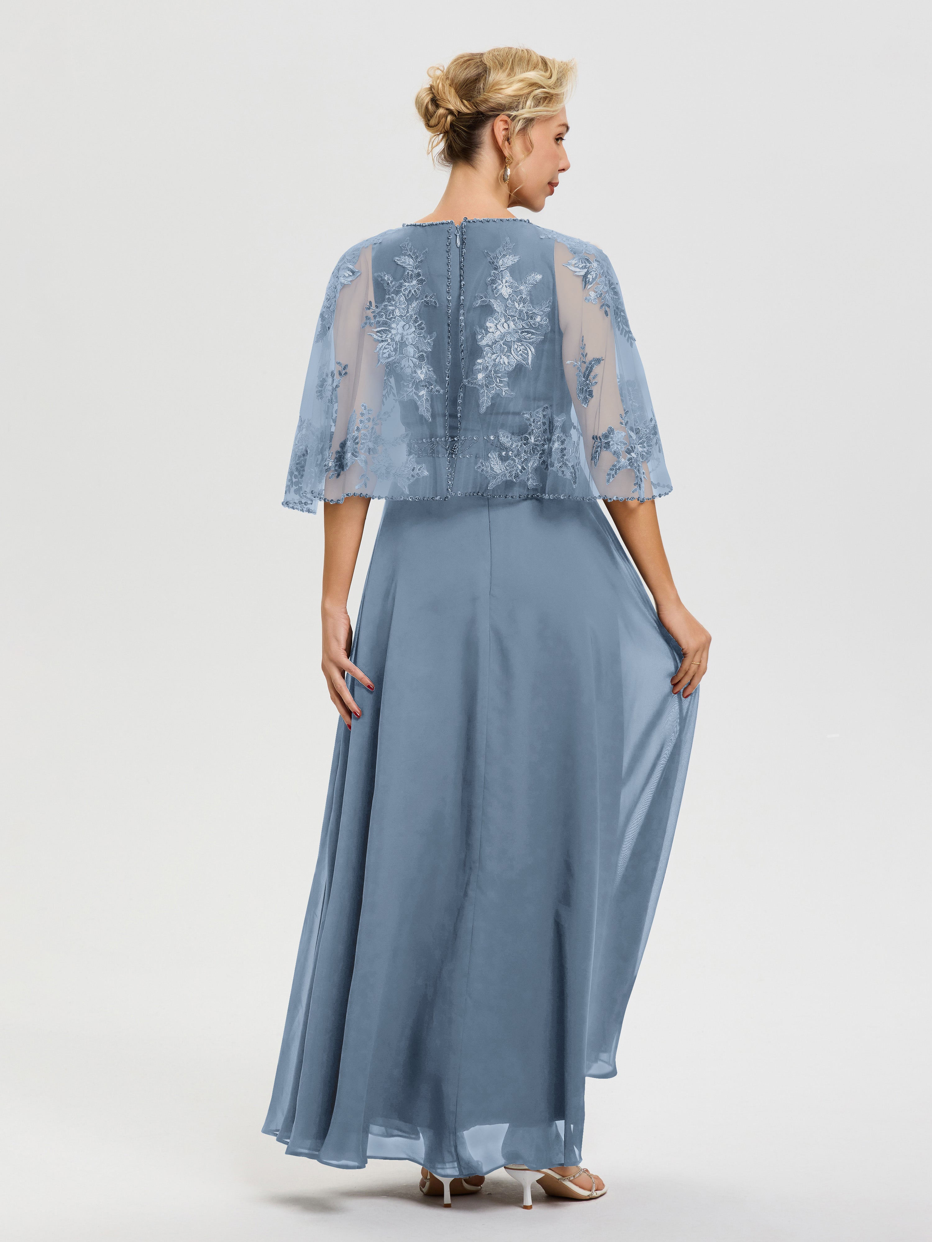 Robe De Mère De La Mariée Bleu De Schiste Mousseline-Dentelle-Col-Rond-Robe-De-Ceremonie-Mere-De-La-Mariee