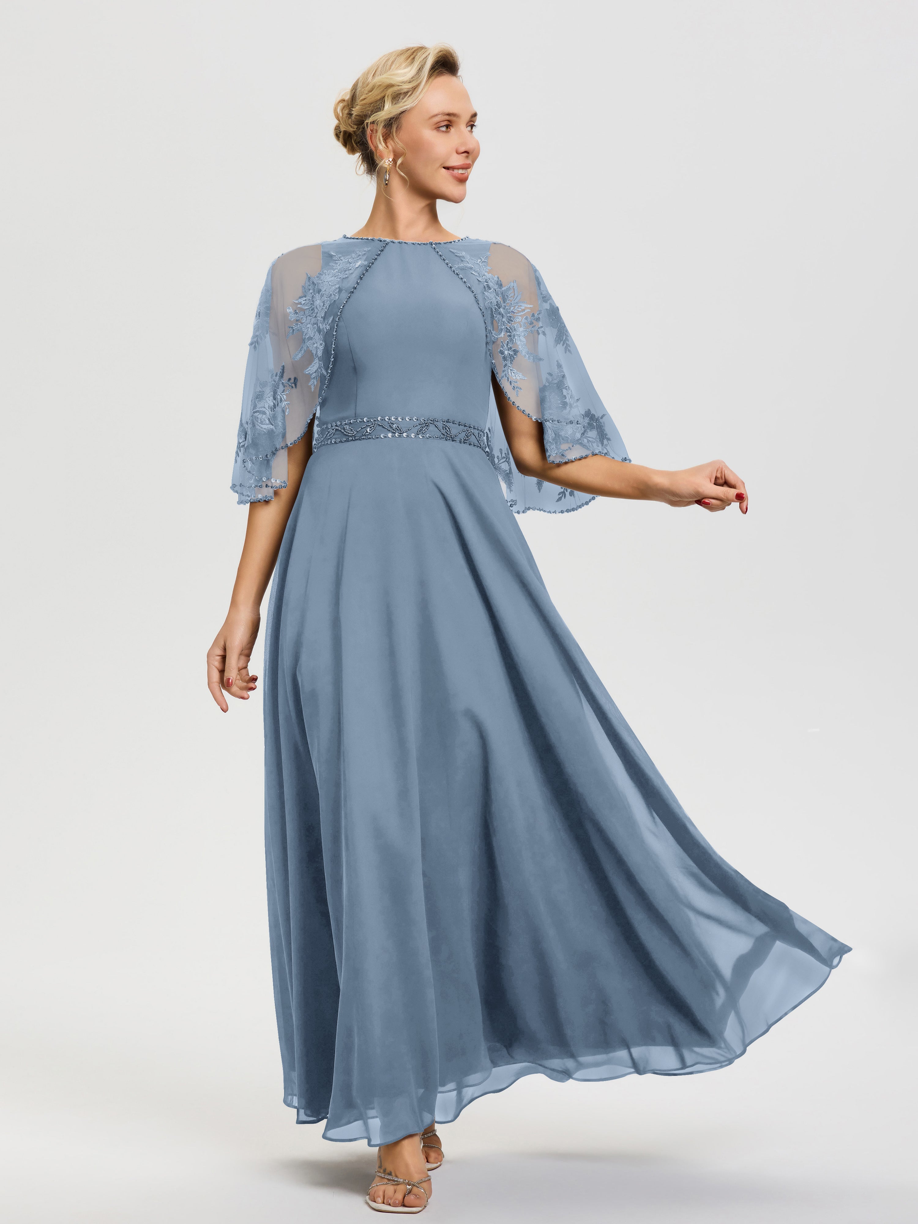 Robe De Mère De La Mariée Bleu De Schiste Mousseline-Dentelle-Col-Rond-Robe-De-Ceremonie-Mere-De-La-Mariee