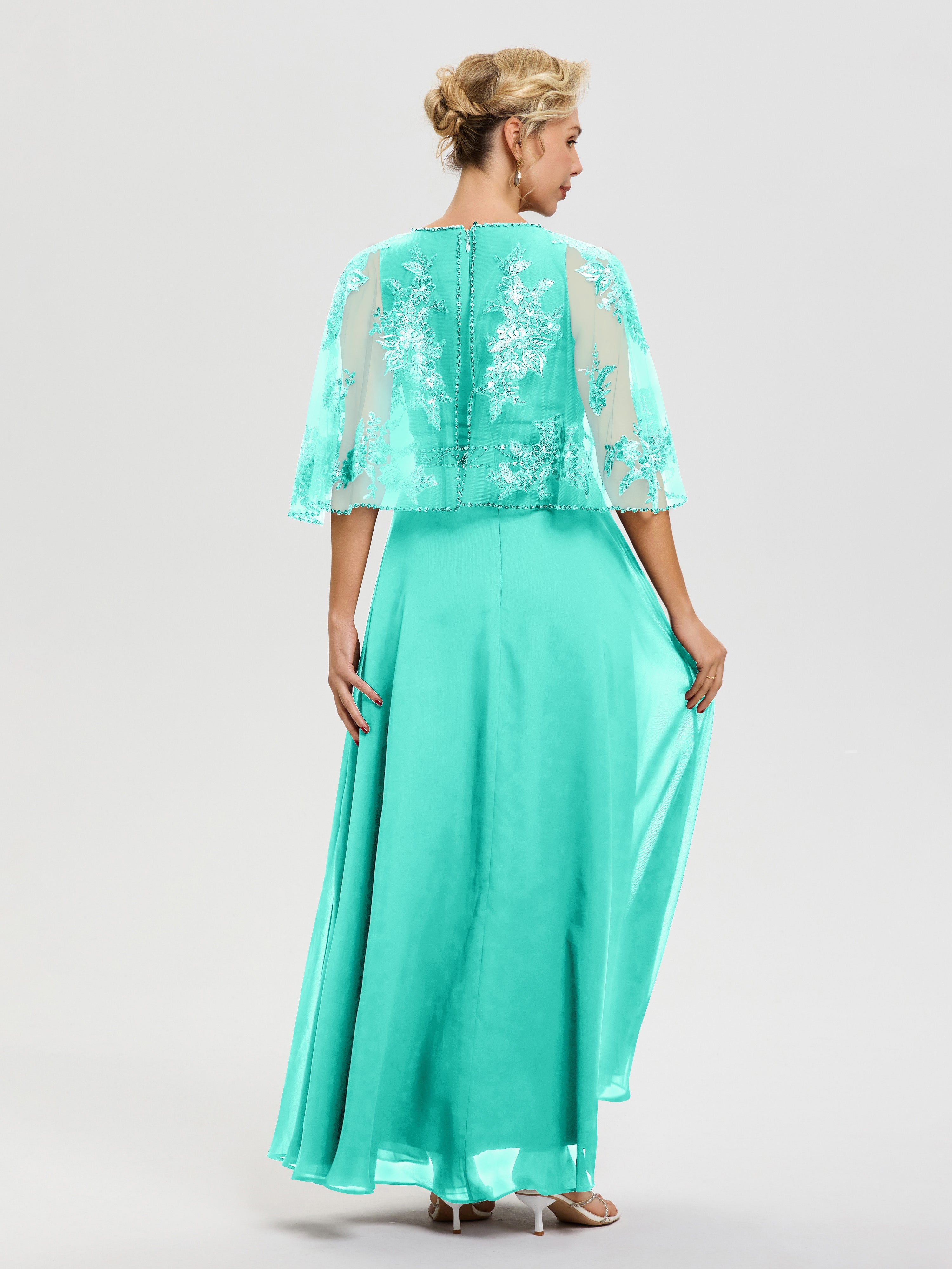 Robe Cérémonie Mère Du Marié Spa Mousseline & Dentelle Col Rond Robe De Cérémonie Mère De La Mariée