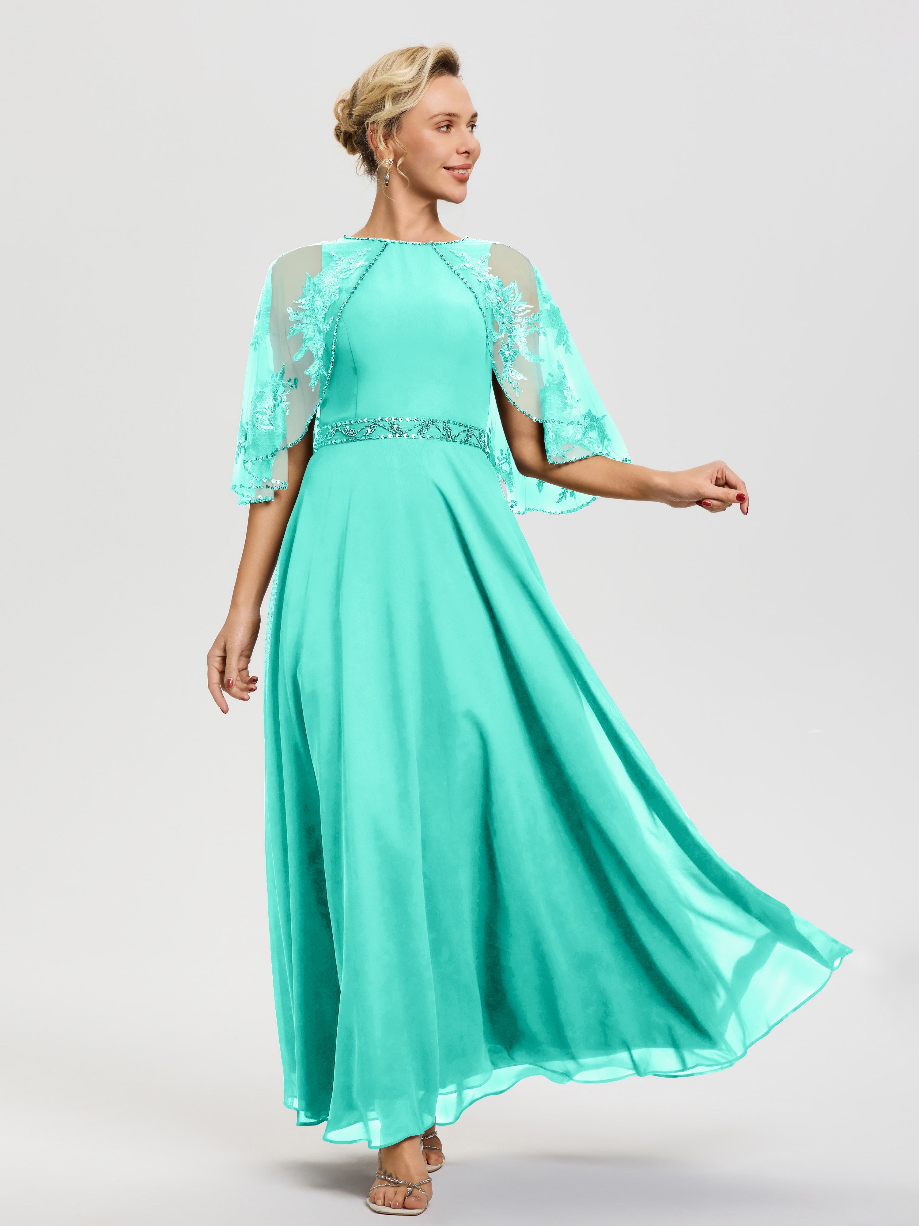 Robe Cérémonie Mère Du Marié Spa Mousseline & Dentelle Col Rond Robe De Cérémonie Mère De La Mariée