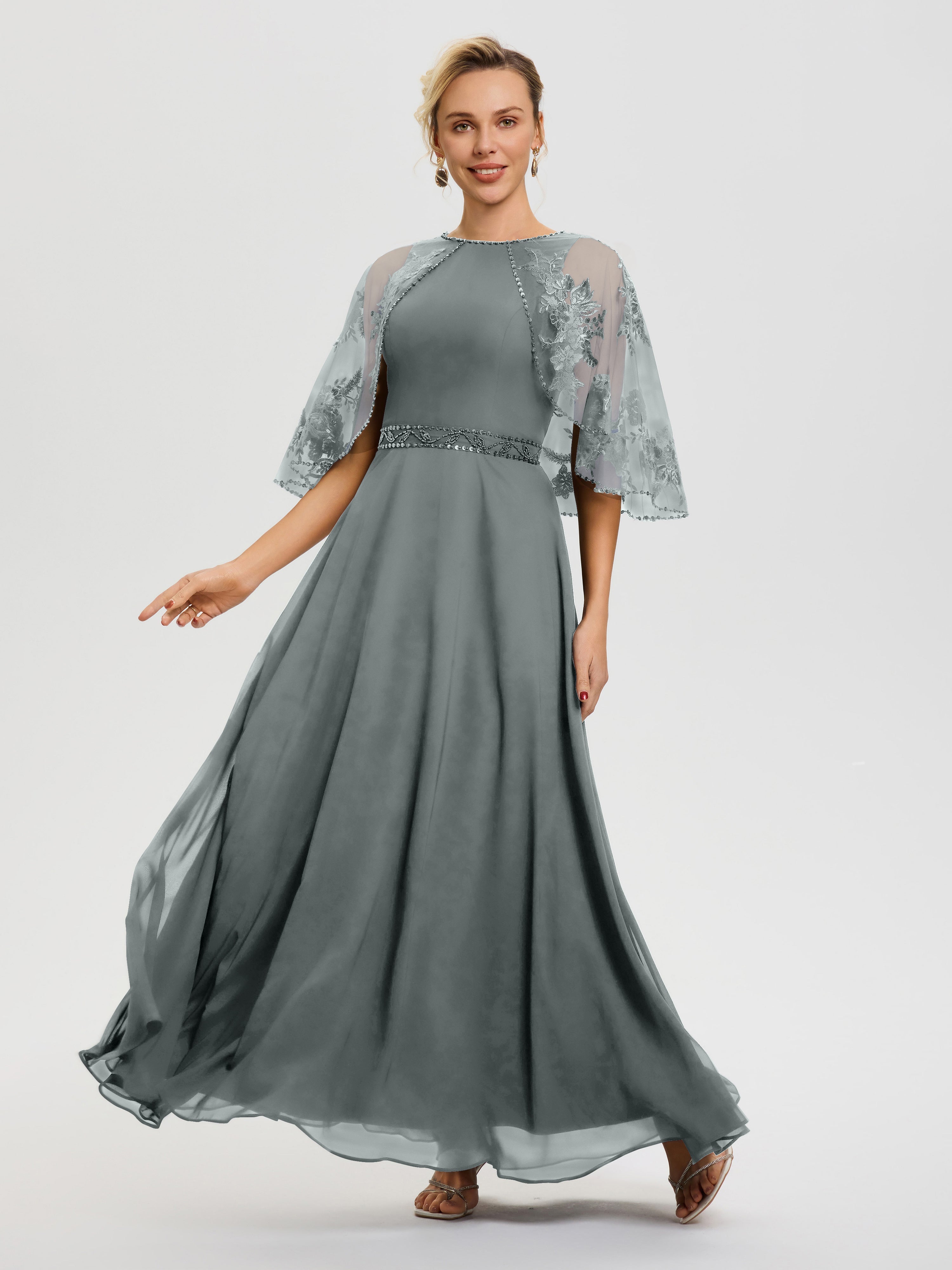 Robe De Mère De La Mariée Gris Acier Mousseline & Dentelle Col Rond Robe De Cérémonie Mère De La Mariée