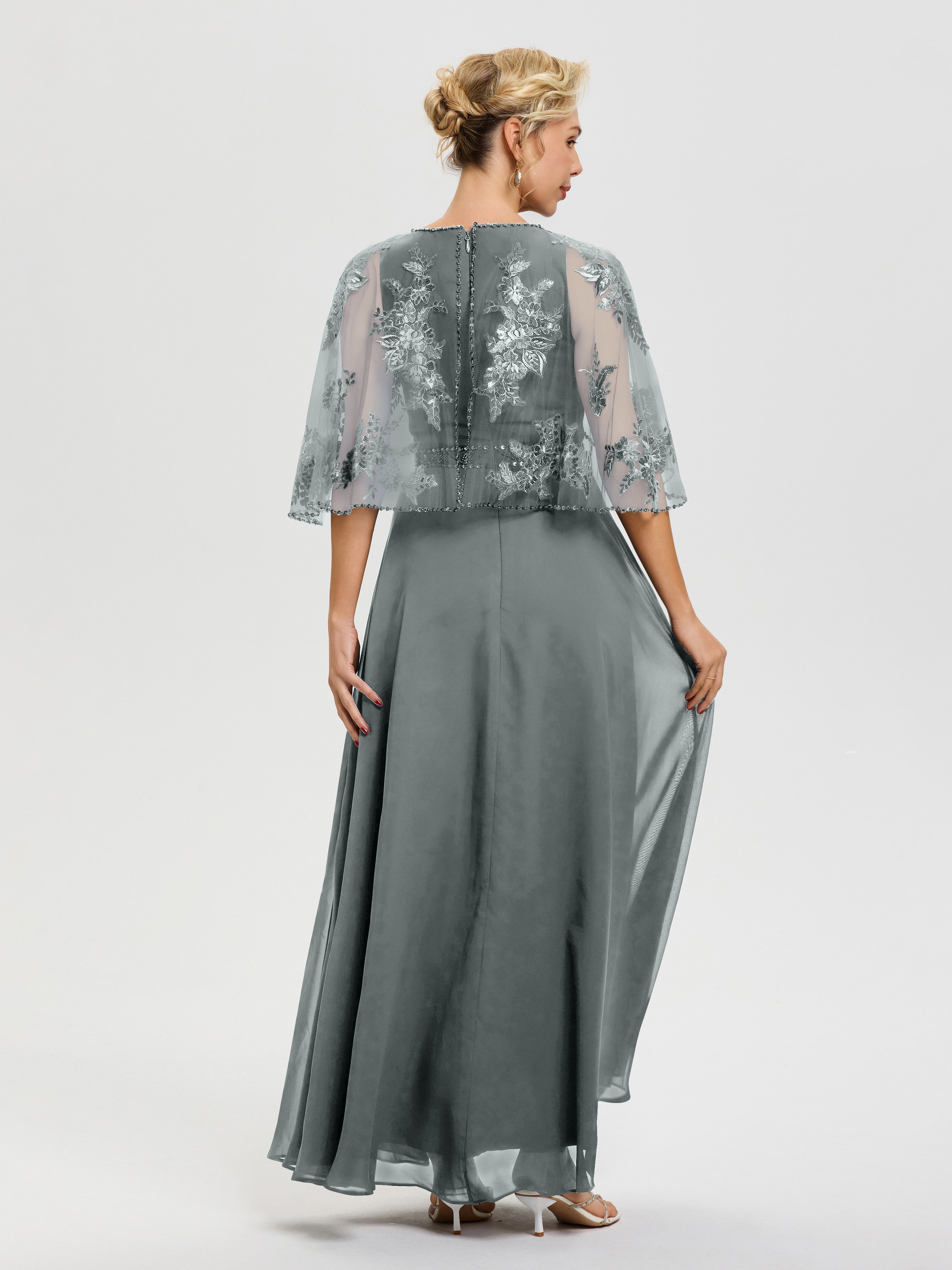 Robe De Mère De La Mariée Gris Acier Mousseline & Dentelle Col Rond Robe De Cérémonie Mère De La Mariée