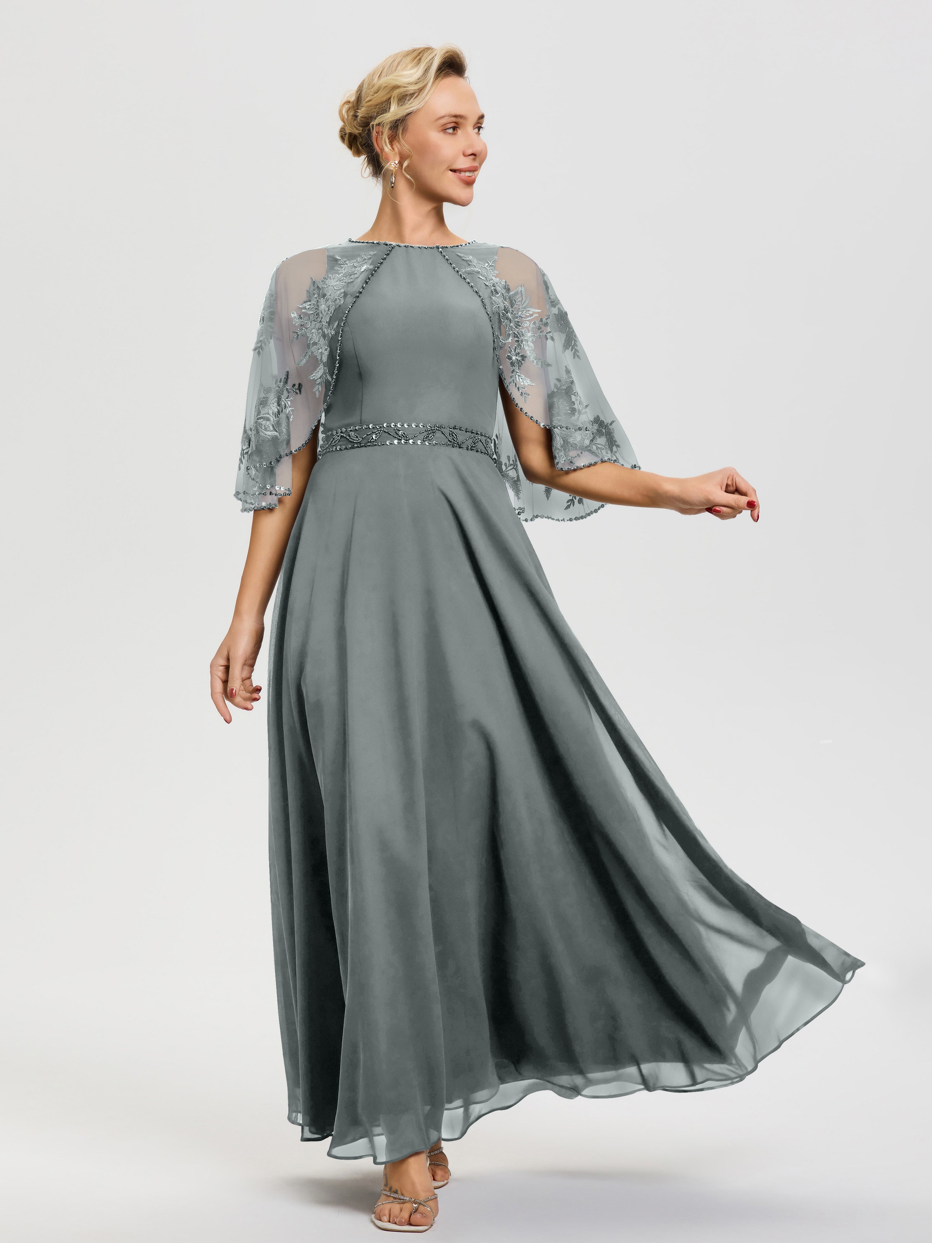 Robe De Mère De La Mariée Gris Acier Mousseline & Dentelle Col Rond Robe De Cérémonie Mère De La Mariée
