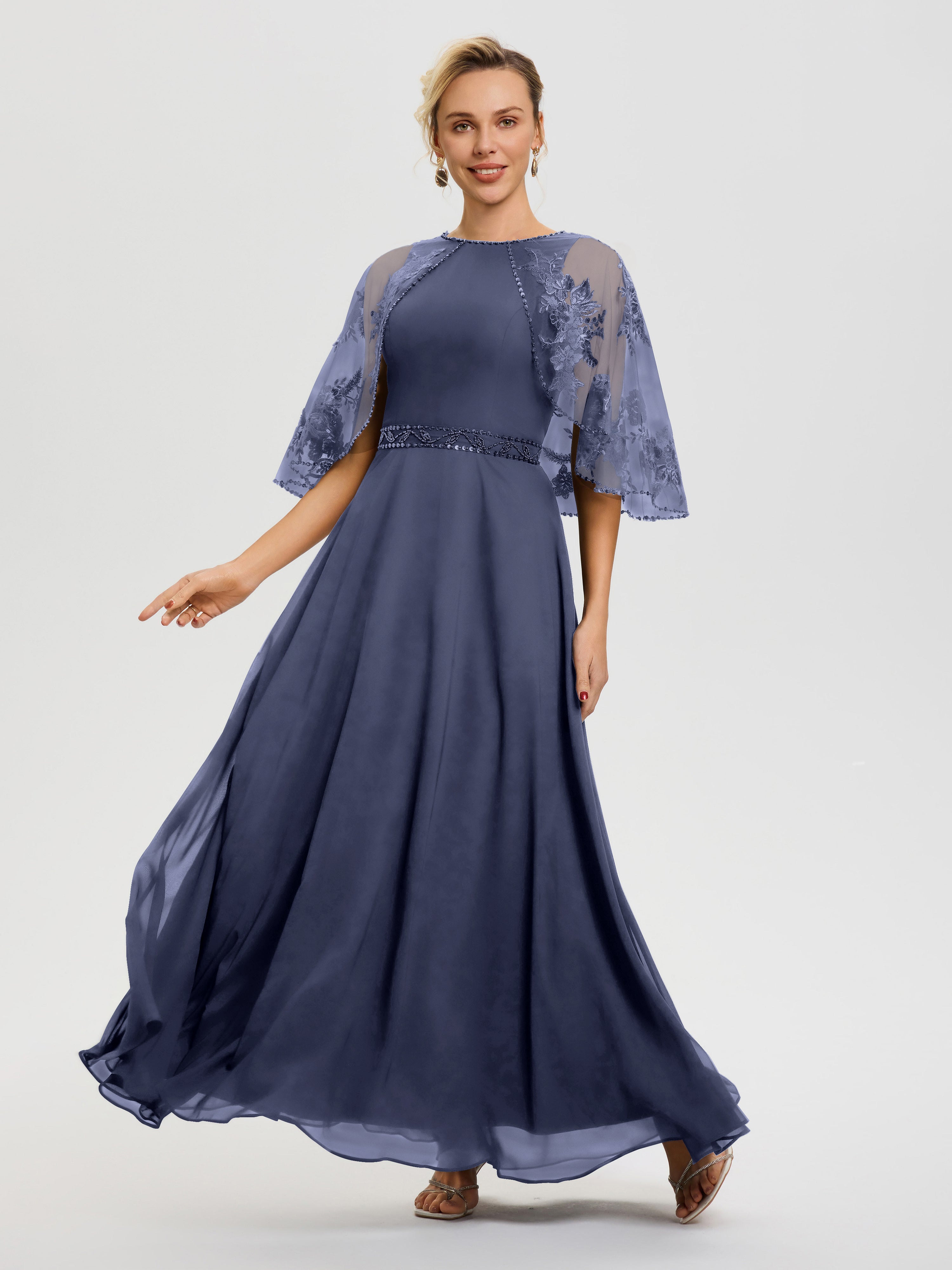 Robe De Mère De La Mariée Orageux Mousseline & Dentelle Col Rond Robe De Cérémonie Mère De La Mariée