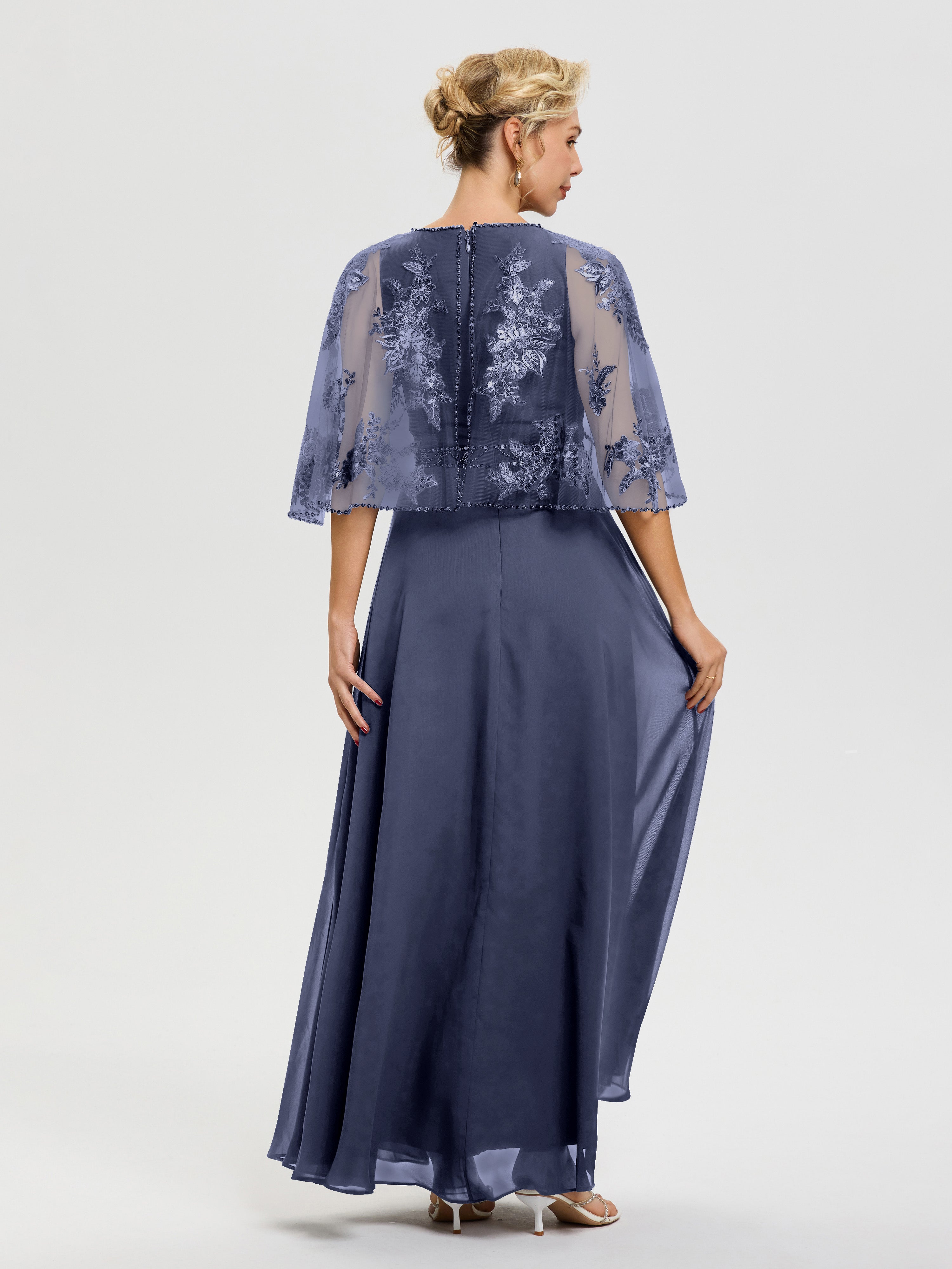 Robe De Mère De La Mariée Orageux Mousseline & Dentelle Col Rond Robe De Cérémonie Mère De La Mariée