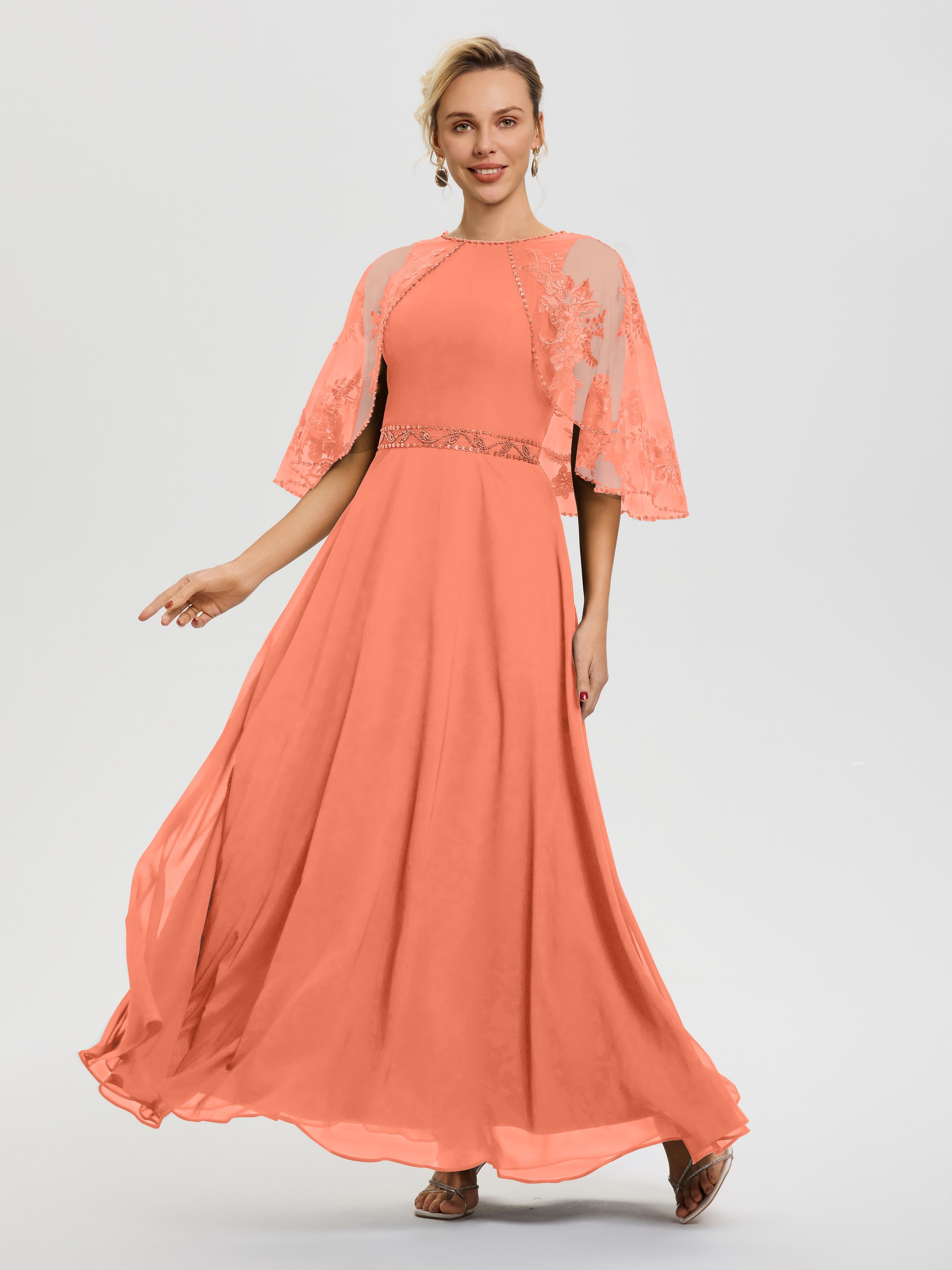 Robe De Mère De La Mariée Coucher De Soleil Mousseline & Dentelle Col Rond Robe De Cérémonie Mère De La Mariée