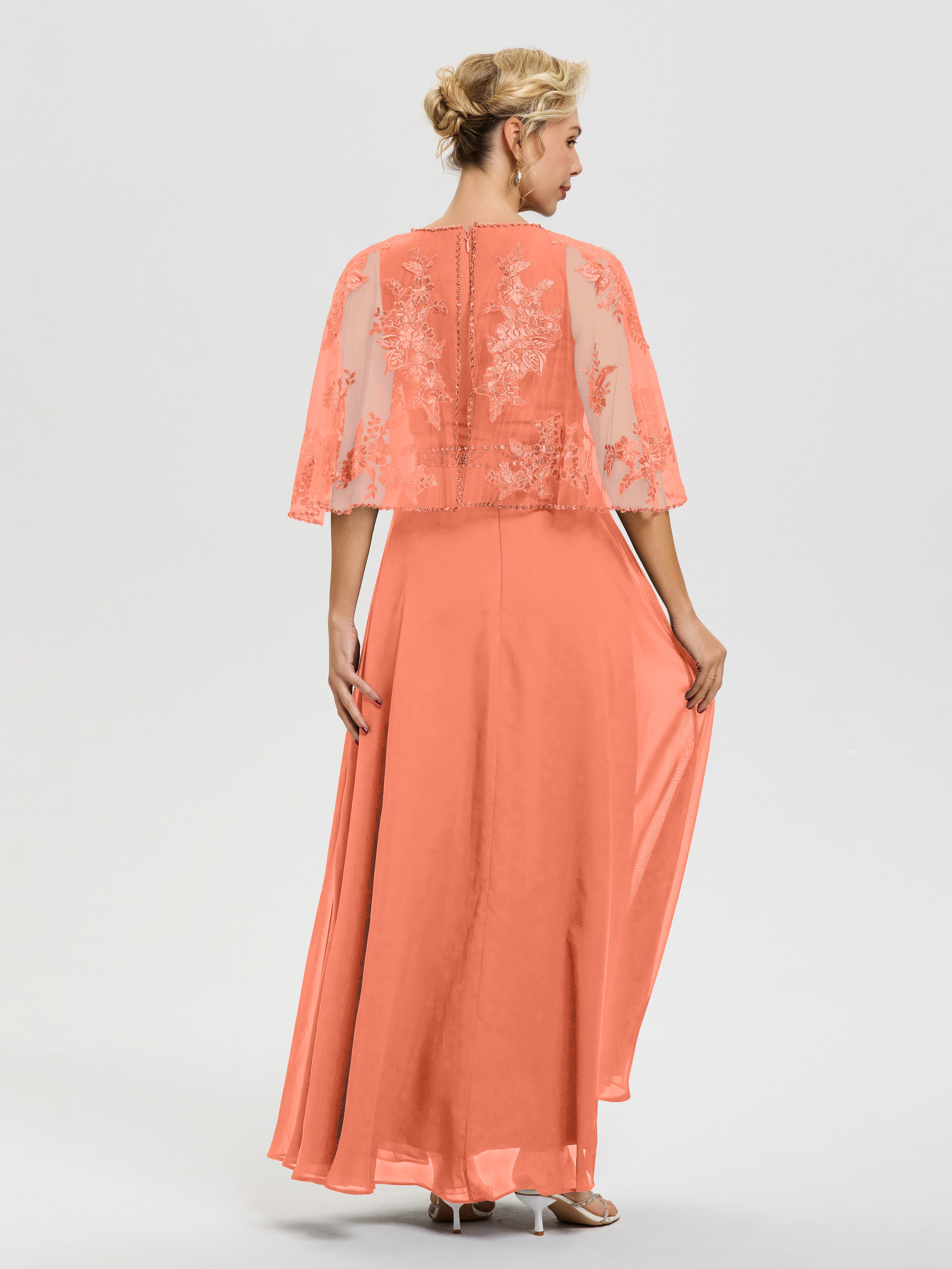 Robe De Mère De La Mariée Coucher De Soleil Mousseline & Dentelle Col Rond Robe De Cérémonie Mère De La Mariée