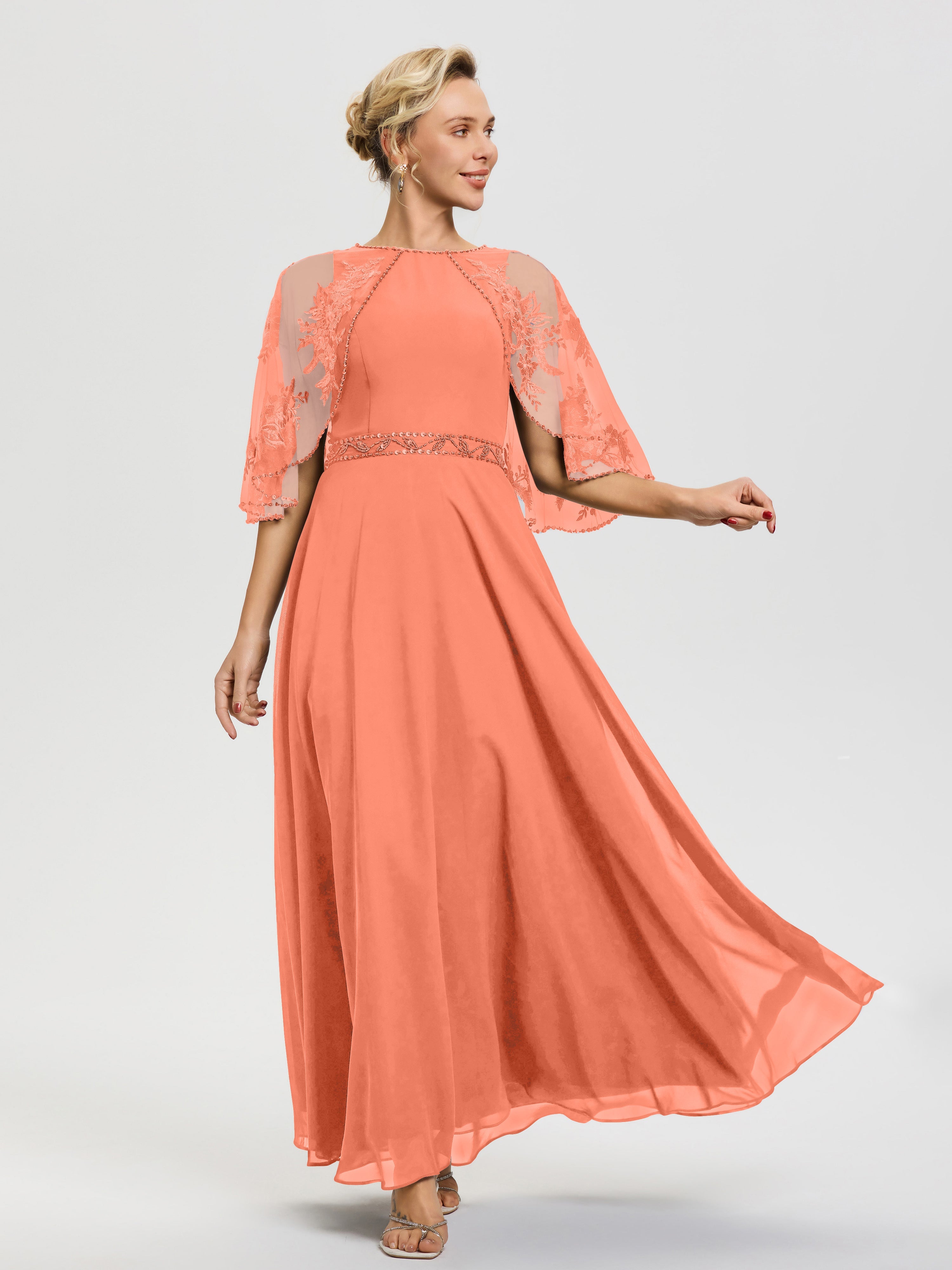 Robe De Mère De La Mariée Coucher De Soleil Mousseline & Dentelle Col Rond Robe De Cérémonie Mère De La Mariée